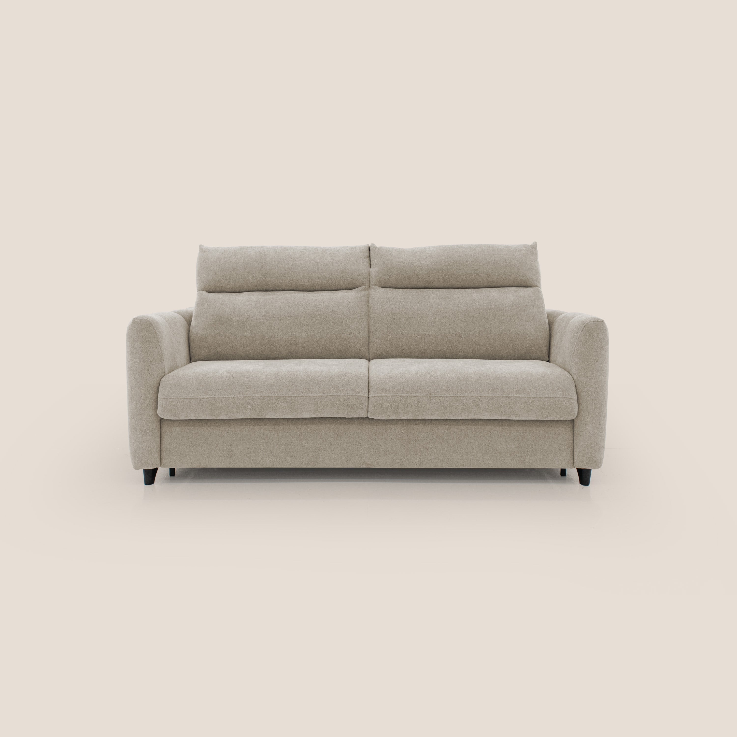 Peonia divano letto scandinavo con materasso H18 cm e morbido e alto schienale in tessuto Bouclé impermeabile T07 beige - divani.store