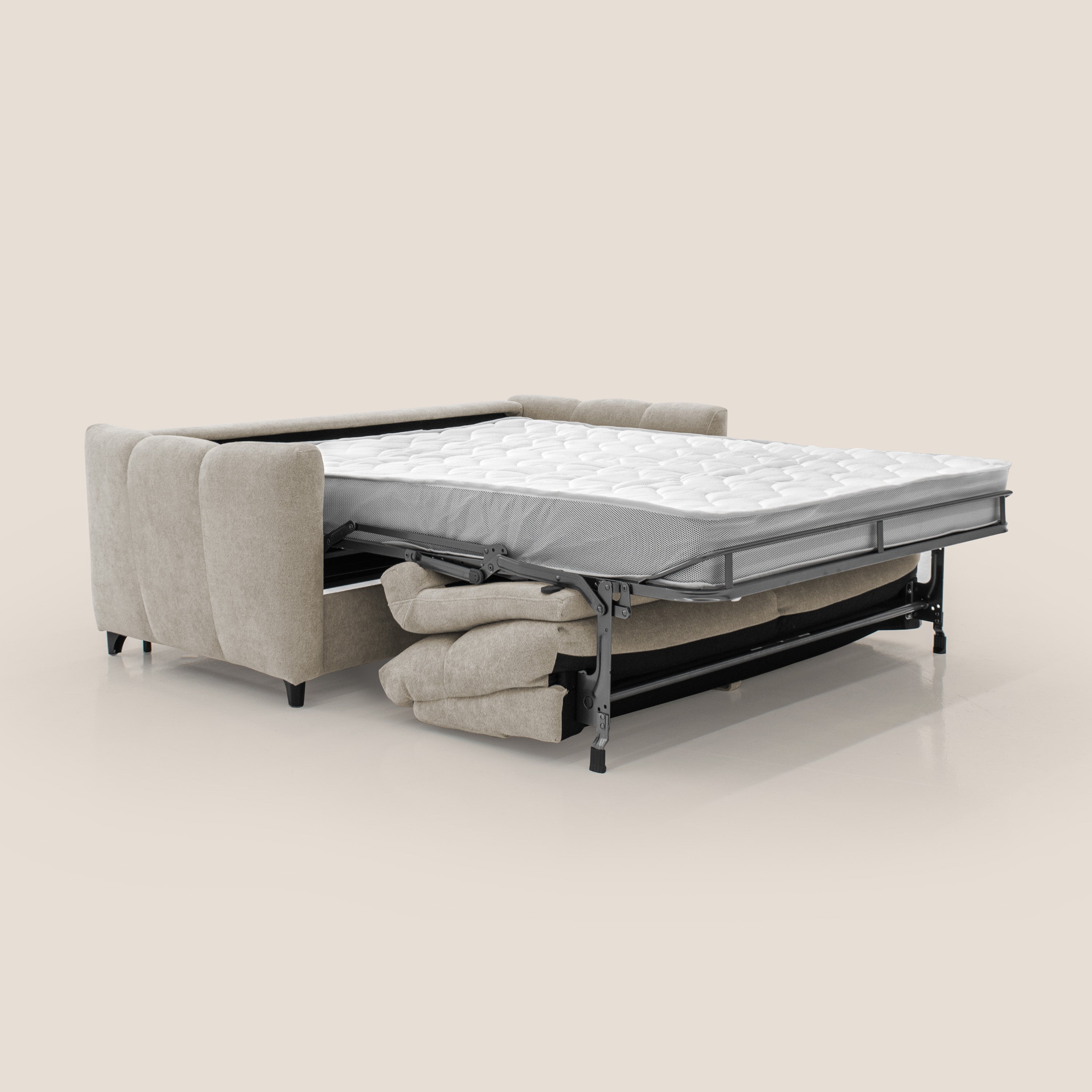 Peonia divano letto scandinavo con materasso H18 cm e morbido e alto schienale in tessuto Bouclé impermeabile T07 beige - divani.store