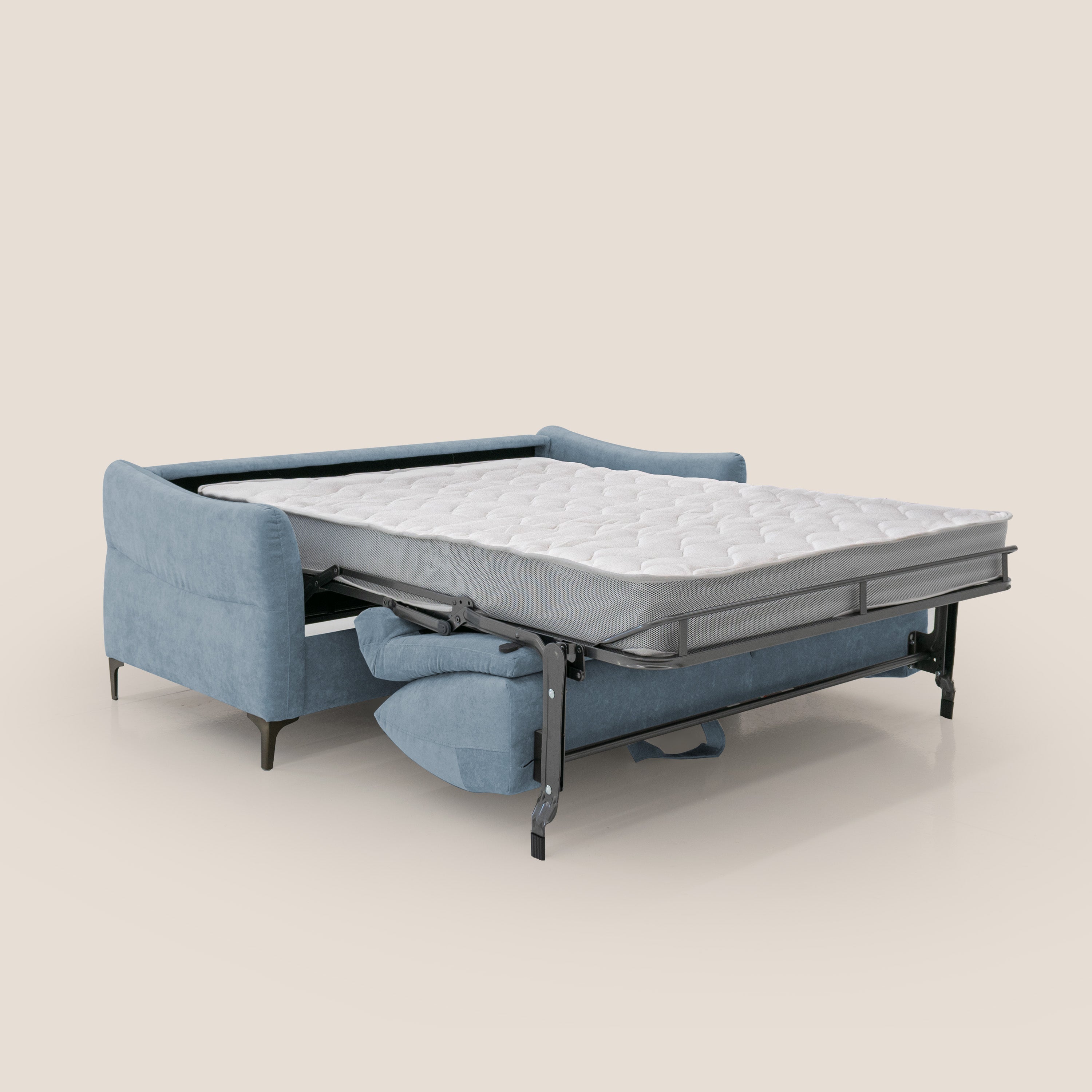Dalia divano letto con materasso H18 cm e piedi alti in raffinato tessuto smacchiabile T17 carta da zucchero - divani.store