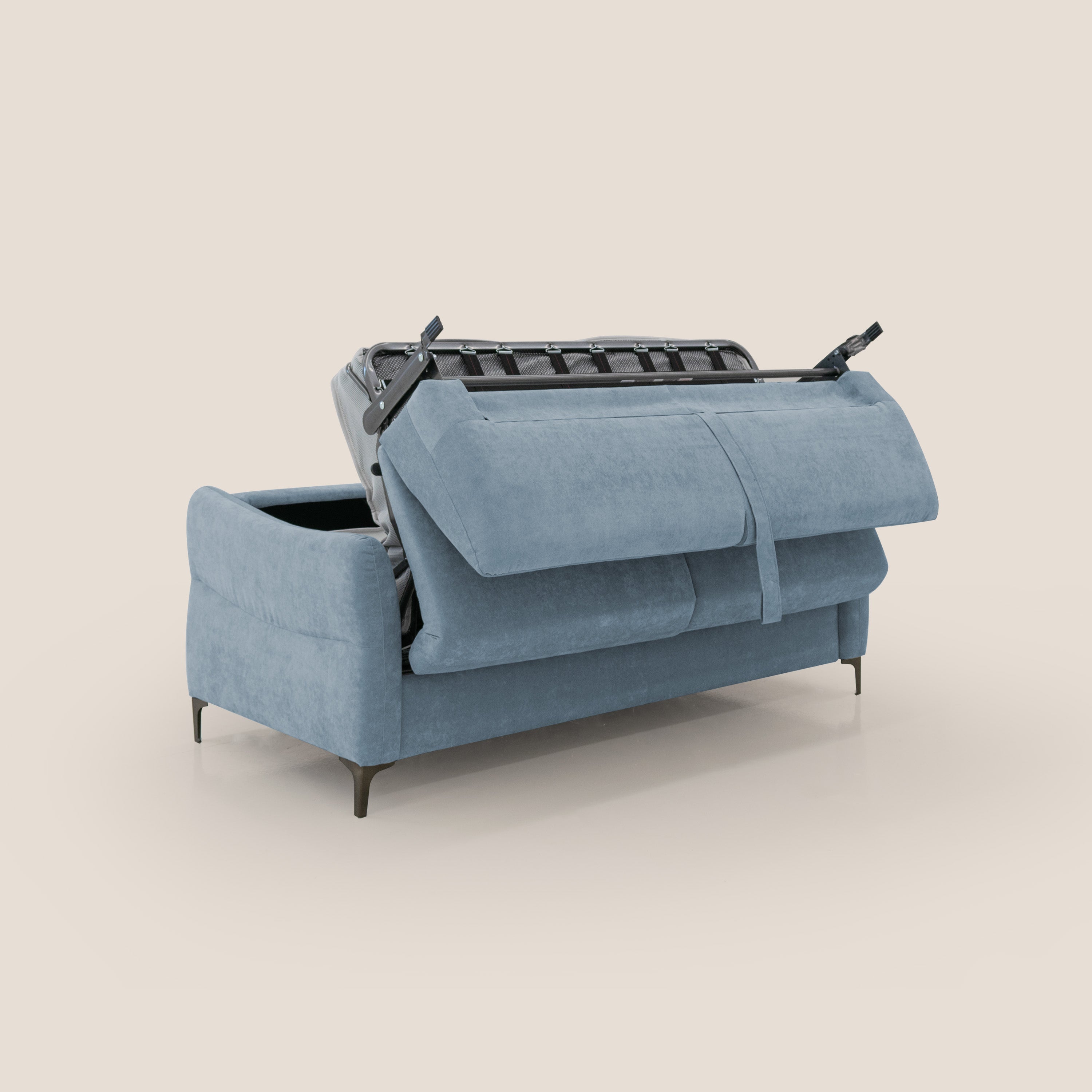 Dalia divano letto con materasso H18 cm e piedi alti in raffinato tessuto smacchiabile T17 carta da zucchero - divani.store