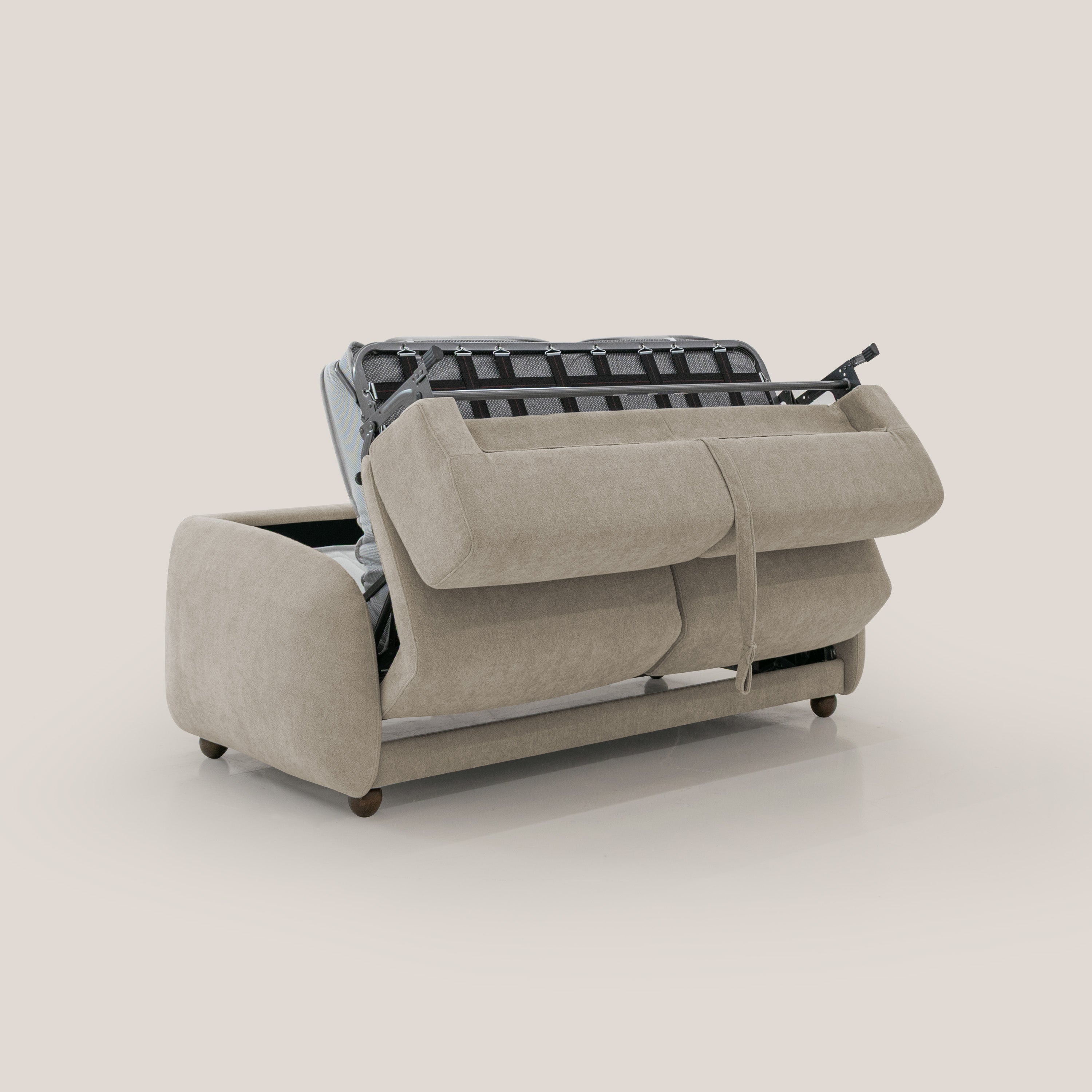 Giglio divano letto scandinavo japandi con materasso H18 cm in tessuto Bouclé impermeabile T07 beige - divani.store