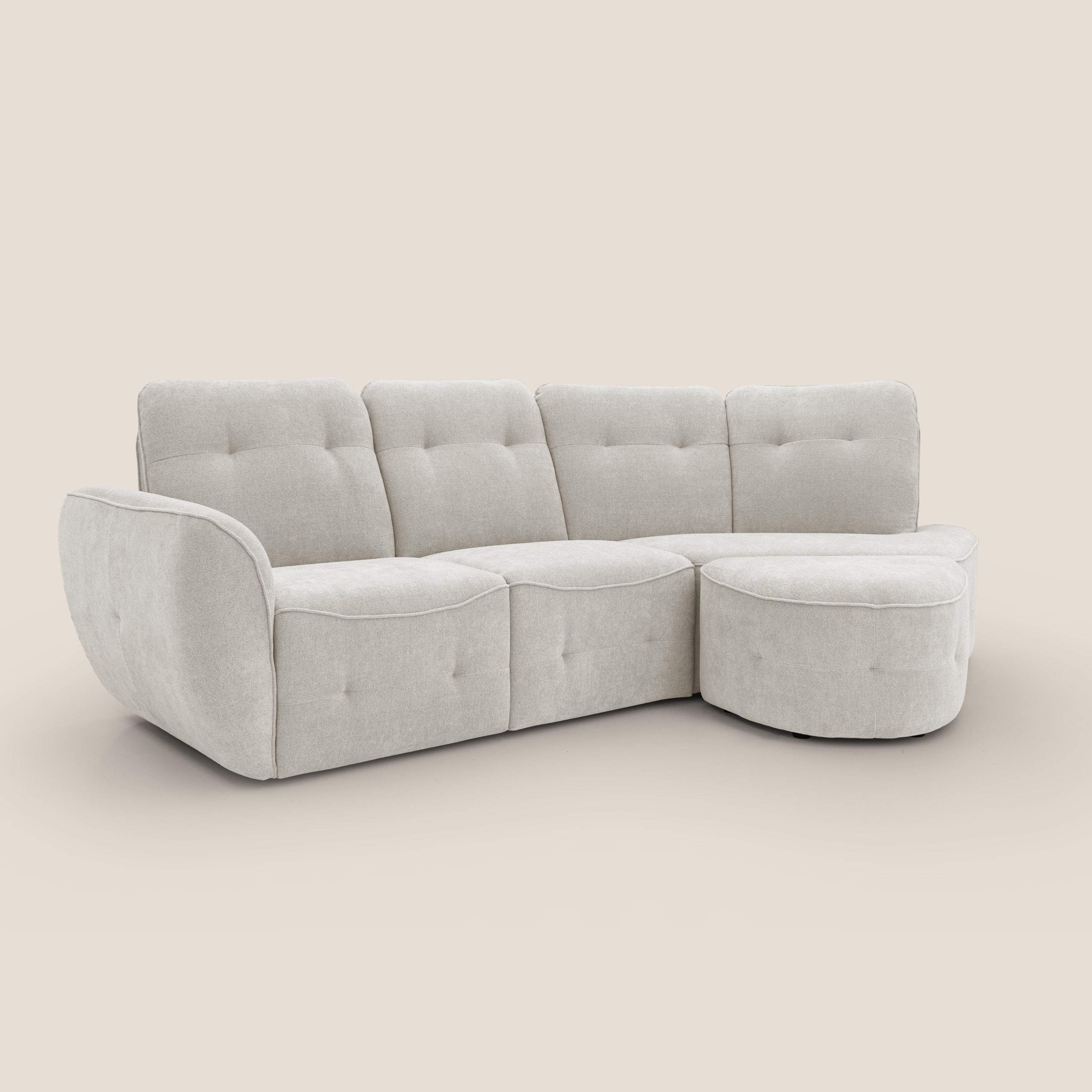 Cerbero divano angolare con pouf mobile in morbido bouclé impermeabile T07 bianco - divani.store