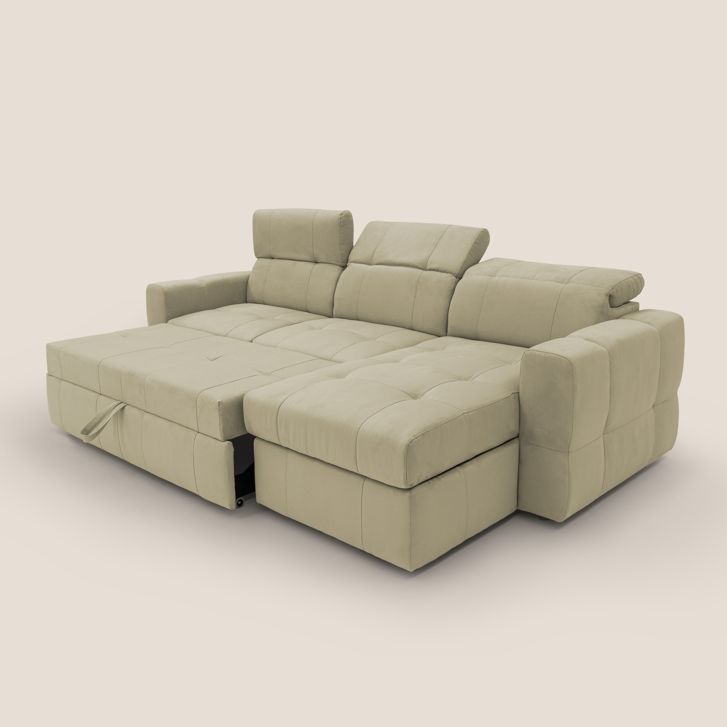 Kronos Divano angolare con pouf estraibile e penisola contenitore in microfibra impermeabile T11 beige - divani.store