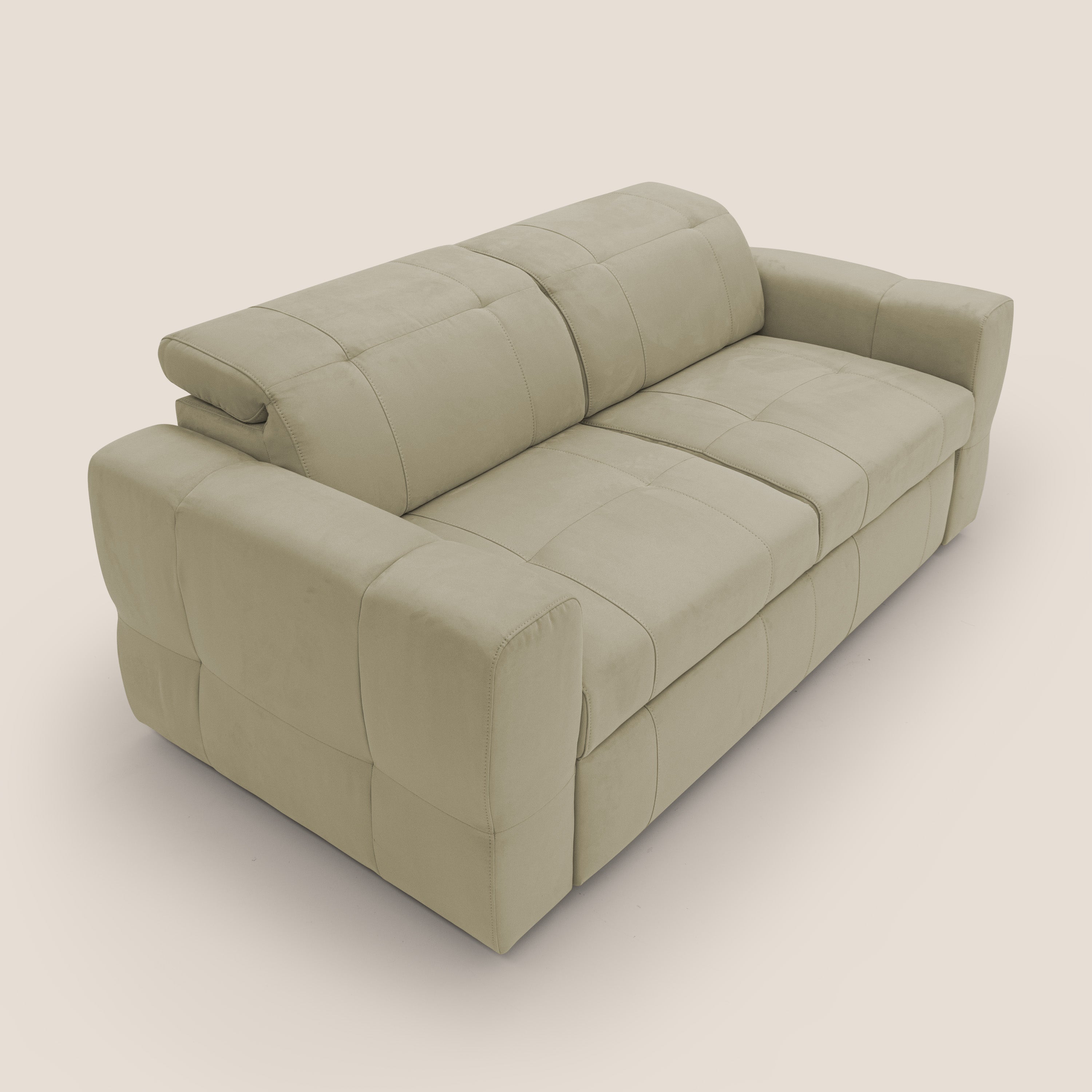 Kronos Divano con pouf estraibile poggiapiedi e poggiatesta reclinabili in morbida microfibra impermeabile T11 beige - divani.store