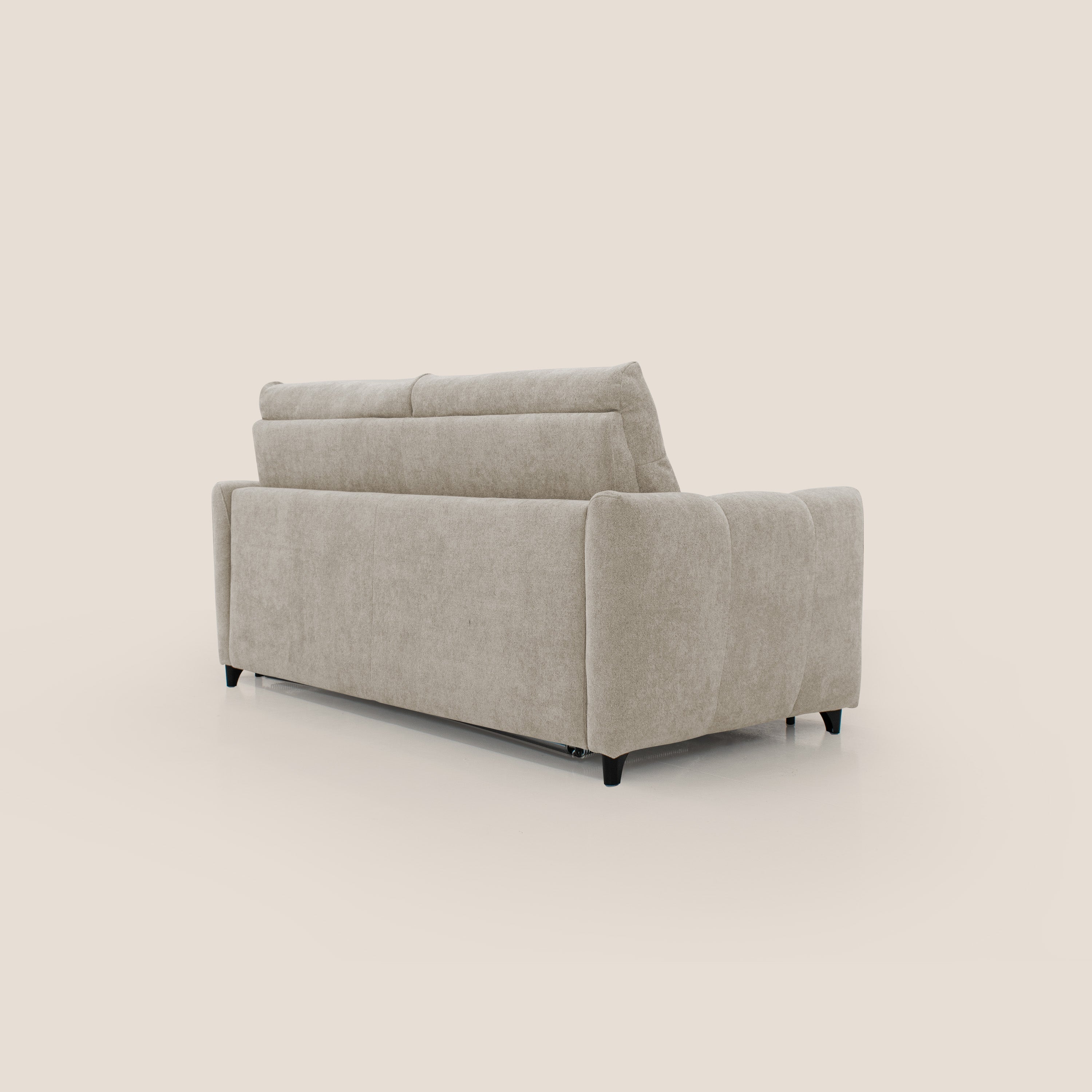 Peonia divano letto scandinavo con materasso H18 cm e morbido e alto schienale in tessuto Bouclé impermeabile T07 beige - divani.store
