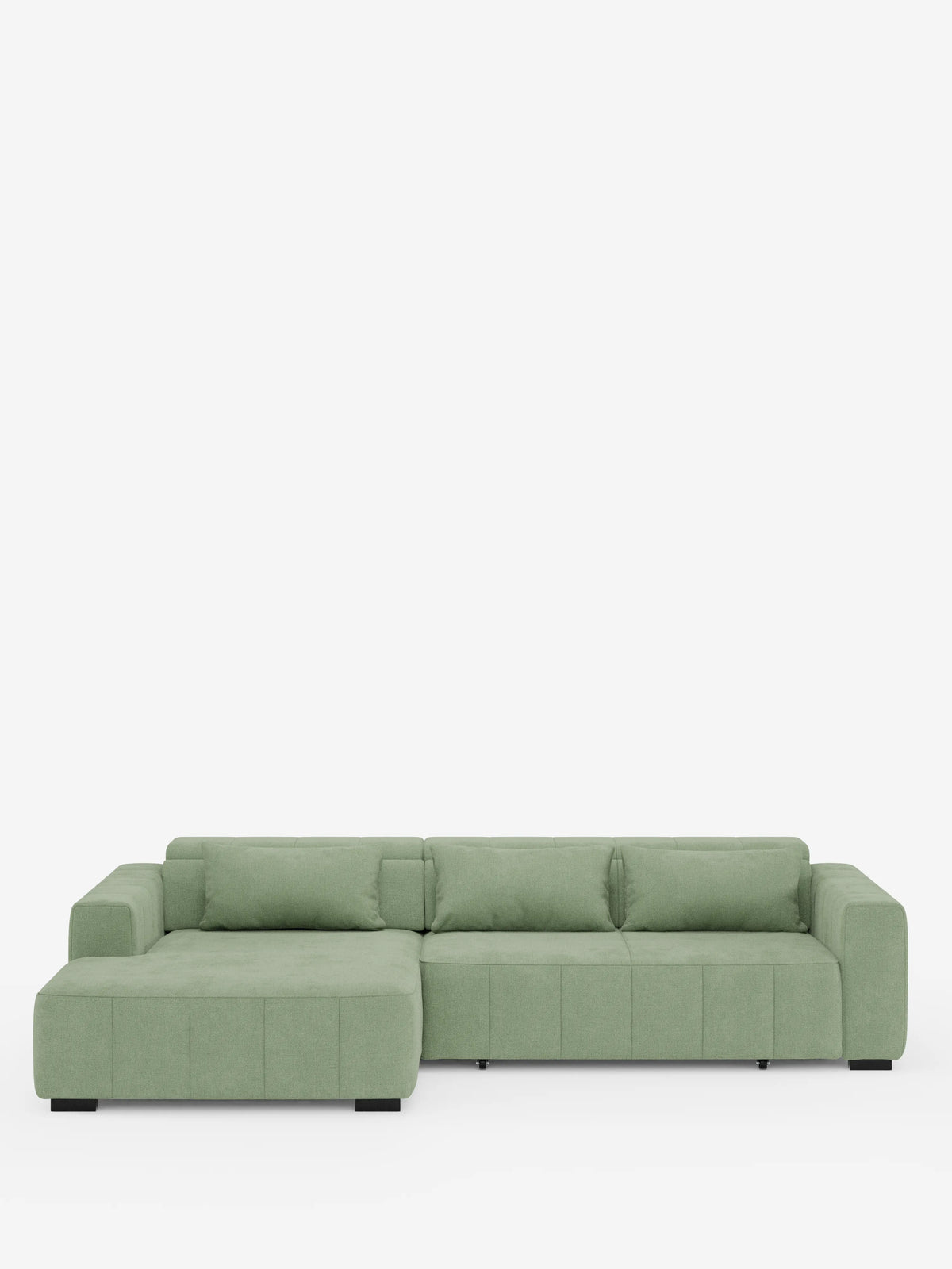 Un divano angolare in stile dorico contemporaneo con penisola e sedute allungabili con funzione relax elettrica di Divani.Store, in verde chiaro, rivestito in tessuto T23 facile da pulire, fa bella mostra di sé su uno sfondo bianco. Il lato sinistro presenta una spaziosa estensione a chaise longue, mentre gli ampi braccioli e gli schienali bassi con poggiatesta reclinabili esaltano sia lo stile che il comfort. Linee pulite e sottili gambe nere completano questo design minimalista e contemporaneo.