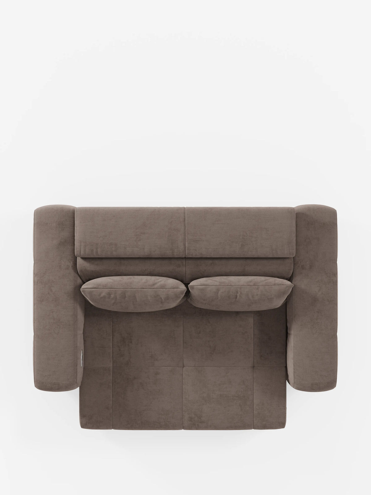 Vista dall’alto del divano Monarch Divano con Relax Elettrico di Divani.Store, un moderno divano imbottito marrone caratterizzato da due cuscini di seduta quadrati e due cuscini dello schienale rettangolari abbinati, su sfondo bianco. I braccioli arrotondati e il design minimalista e contemporaneo del divano esaltano l’eleganza di questo modello, dotato di sedute estensibili, poggiatesta reclinabile e realizzato in morbido tessuto T31 resistente alle macchie.