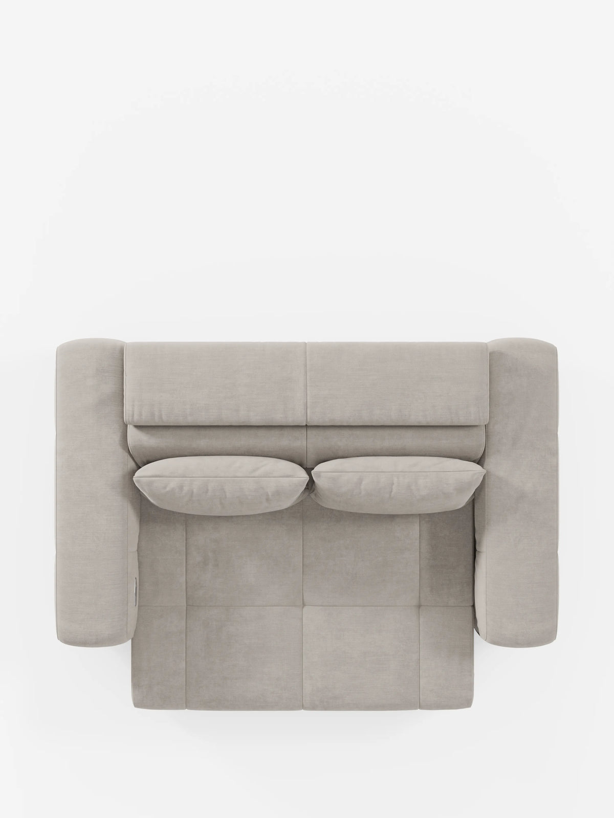 Vista dall’alto di un divano Monarch Divano con Relax Elettrico per l’allungamento delle sedute e poggiatesta reclinabile, di colore grigio chiaro e di forma quadrata, disponibile su Divani.Store, rivestito in morbido tessuto T31 resistente alle macchie. Questo moderno divanetto è caratterizzato da due cuscini rettangolari coordinati, ampi braccioli arrotondati e un motivo a griglia sulla seduta, che risalta sullo sfondo bianco.
