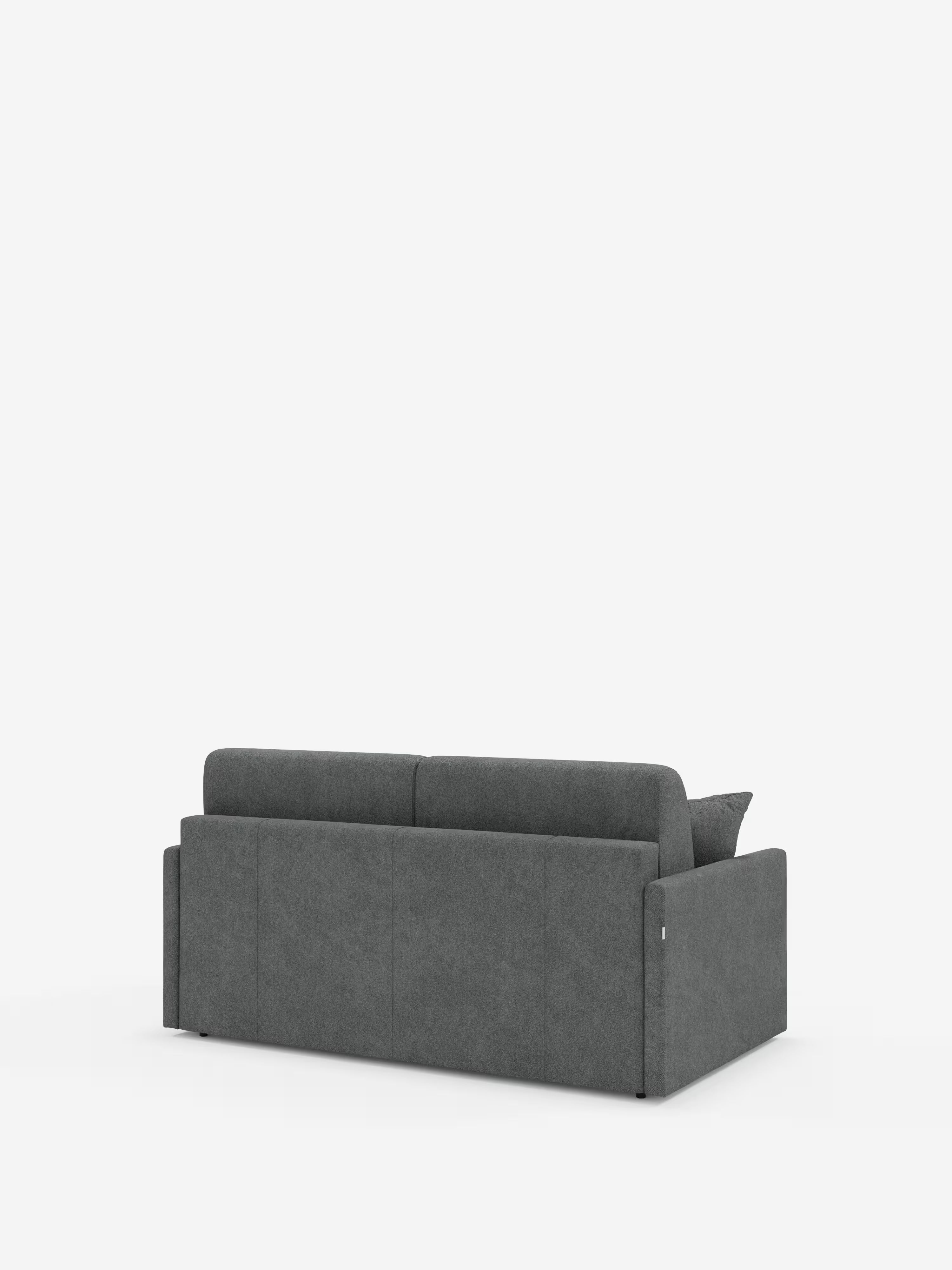 Un moderno divano letto Tommy Divano a 2 e 3 posti, modello matrimoniale, di colore grigio scuro, disponibile su Divani.Store, è raffigurato di retro su uno sfondo bianco. Rivestito in tessuto T33, simile al cotone e facile da pulire, presenta linee dritte e pulite, un profilo basso, cuscini spessi, braccioli squadrati e un unico cuscino dello schienale parzialmente visibile sul lato destro.