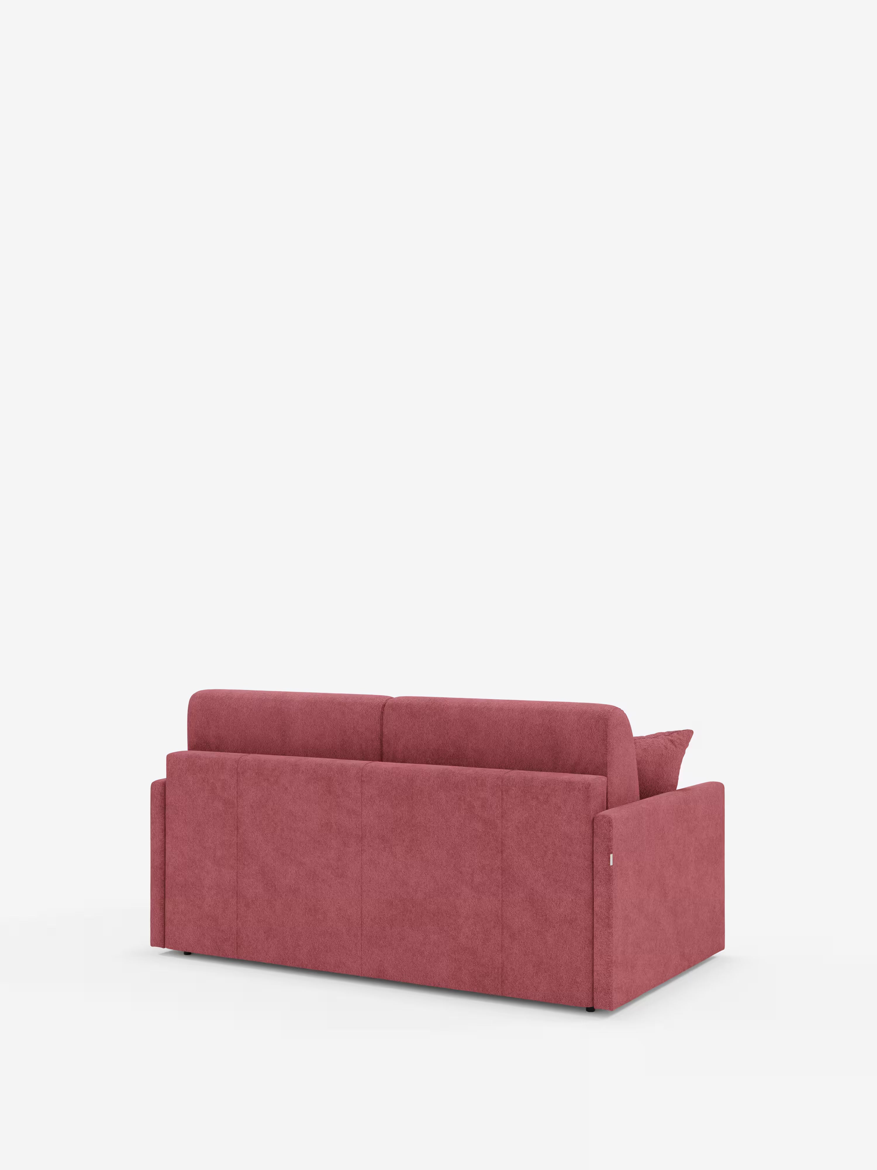 Un divano letto contemporaneo Tommy Divano a 2 e 3 posti matrimoniale di Divani.Store, rivestito in tessuto T33 simile al cotone, di colore rosso-rosa e resistente alle macchie, è ripreso di retro su uno sfondo bianco a tinta unita. Il divano presenta linee pulite, braccioli bassi e sottili, due cuscini dello schienale, fianchi dritti e una sottile cucitura sul pannello posteriore. Non sono visibili altri oggetti.