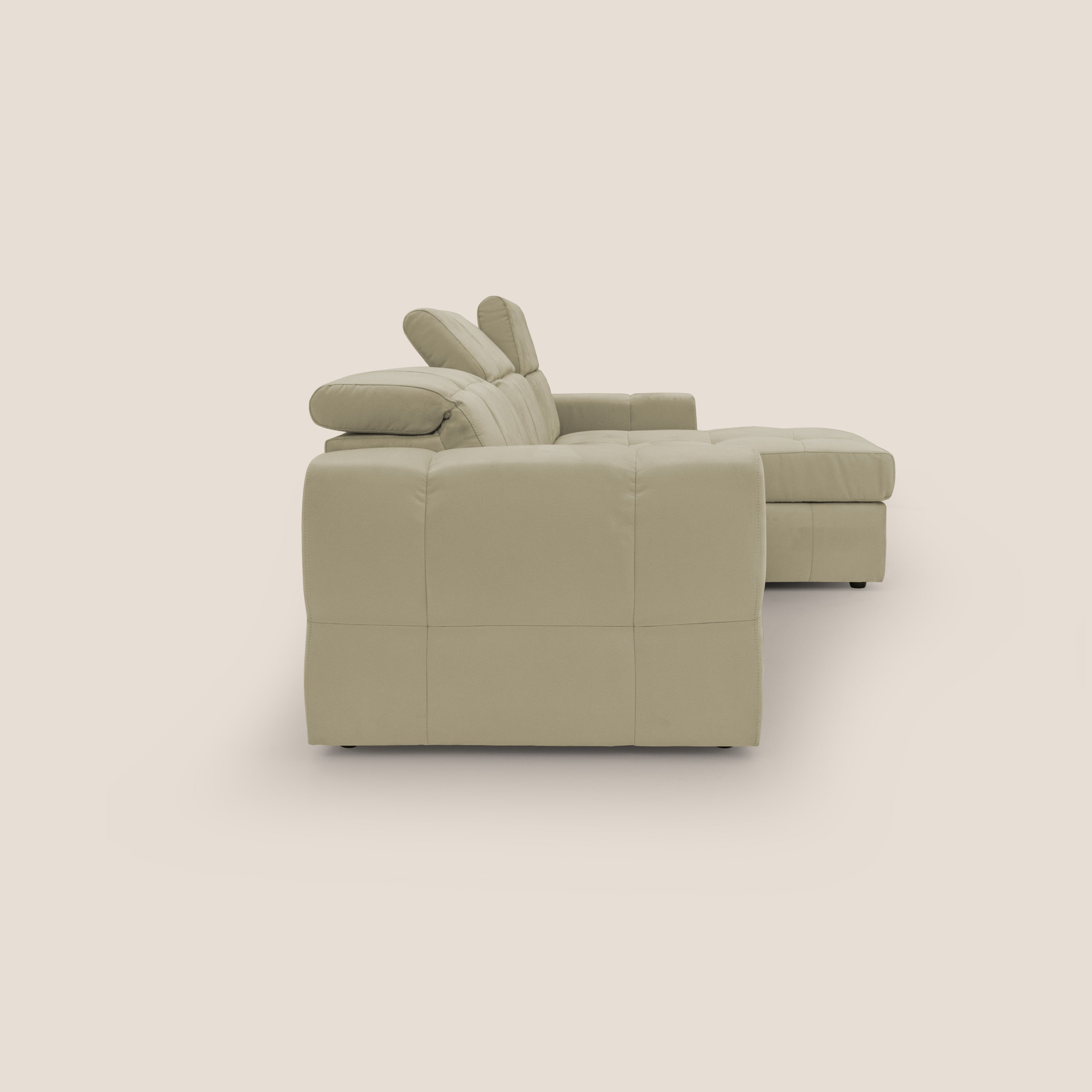 Kronos Divano angolare con pouf estraibile e penisola contenitore in microfibra impermeabile T11 beige - divani.store