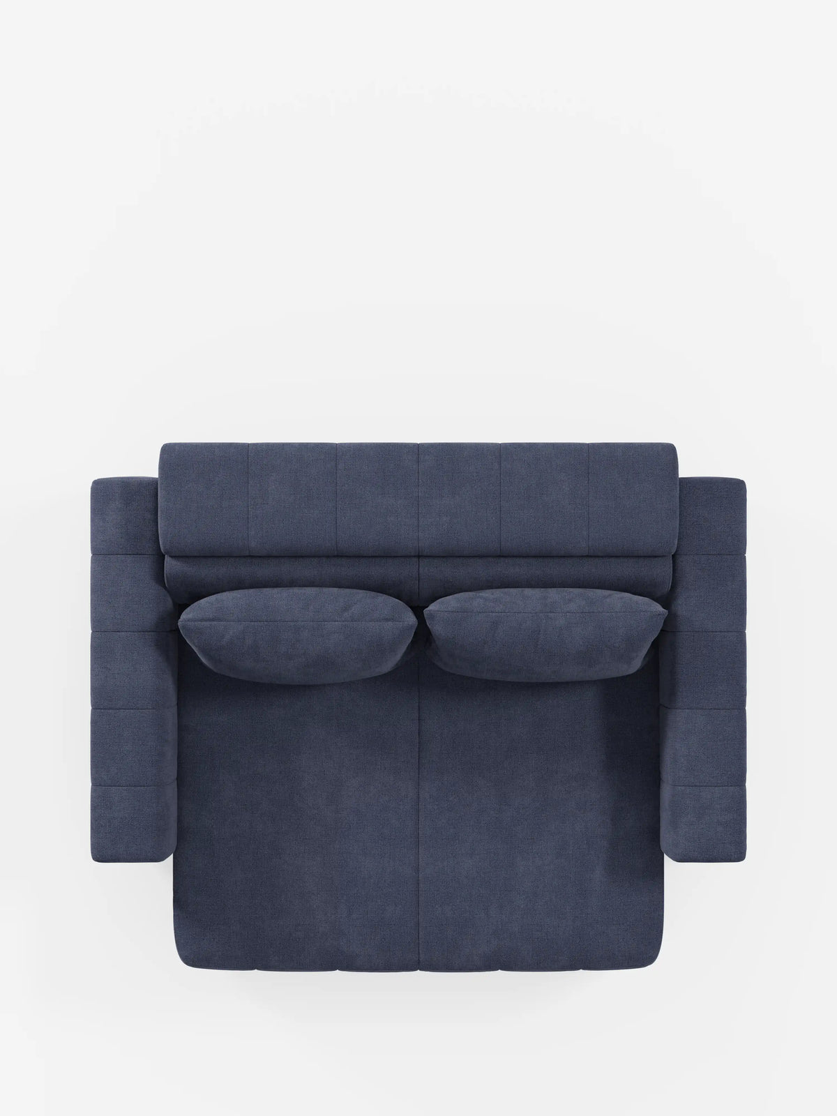Vista dall'alto del divano dorico a 3 posti di Divani.Store, mostrato completamente esteso con le sedute allungabili tramite meccanismo relax elettrico e il poggiatesta reclinabile. Questo moderno divano blu scuro presenta braccioli squadrati, uno schienale imbottito e due cuscini coordinati, tutti rivestiti in tessuto smacchiabile T23 per una facile manutenzione. Presentato su uno sfondo bianco a tinta unita.