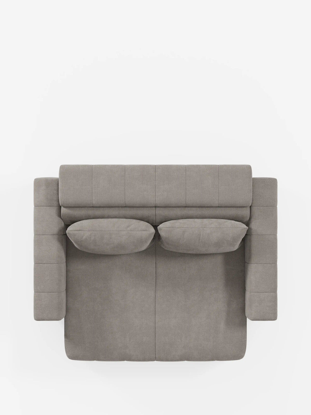 Vista dall'alto del divano dorico a 3 posti con sedute allungabili tramite meccanismo relax elettrico - poggiatesta reclinabile in tessuto smacchiabile T23 di Divani.Store, un moderno divano rettangolare grigio con due braccioli e due cuscini coordinati disposti ordinatamente sulla seduta. Lo sfondo bianco a tinta unita esalta il suo design minimalista e la morbida trama del tessuto antimacchia.