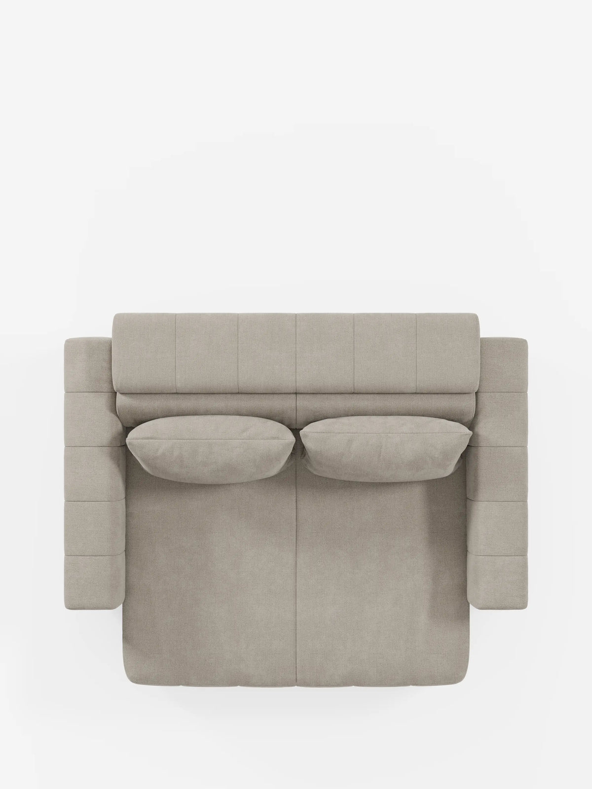 Vista dall'alto del divano a 3 posti Doric di Divani.Store, un divano rettangolare moderno di colore grigio chiaro con due cuscini di seduta e due cuscini dello schienale abbinati. Questo modello presenta ampi braccioli imbottiti, semplici cuciture verticali e offre una seduta più comoda grazie alla reclinabilità elettrica e ai poggiatesta regolabili. Rivestito in tessuto T23 di facile pulizia, su uno sfondo bianco a tinta unita.