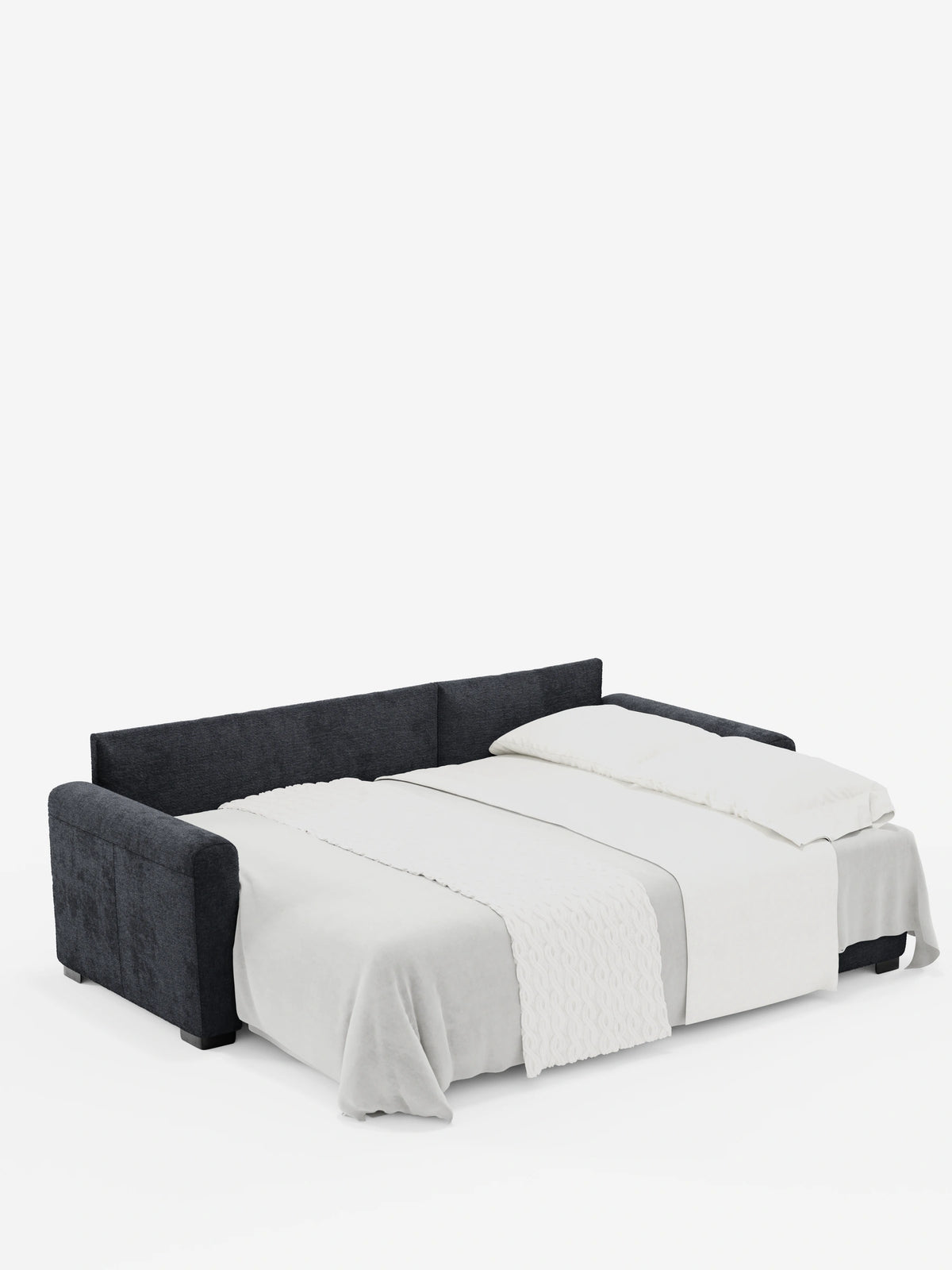Un divano letto Ottaviano con letto estraibile, penisola reversibile e contenitore, rivestito in tessuto materico smacchiabile color grigio scuro, è aperto in posizione letto e ricoperto da un lenzuolo bianco, una coperta testurizzata e un cuscino piatto su uno sfondo bianco.