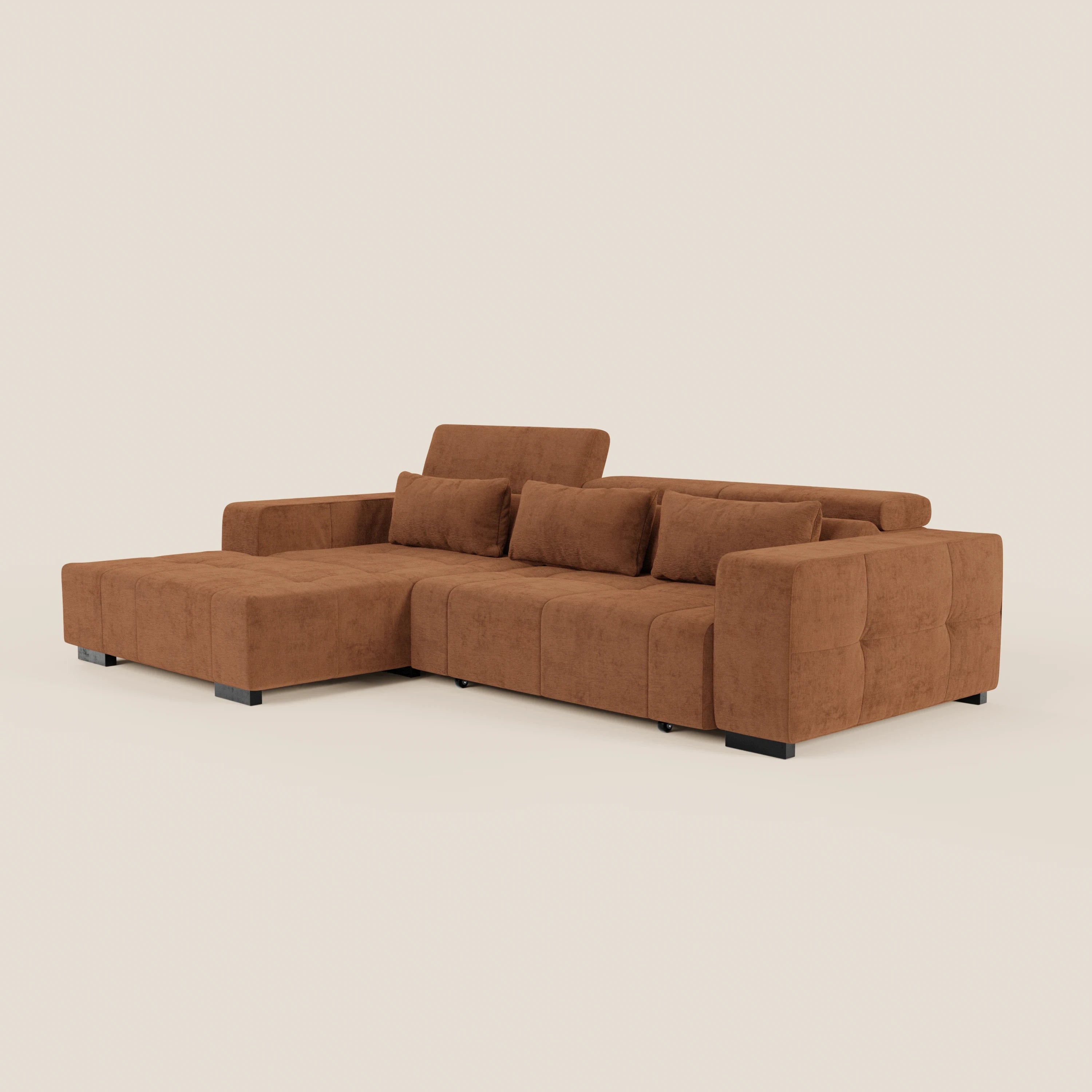 Monarch Divano angolare con penisola e Relax Elettrico per allungamento sedute - Poggiatesta Reclinabili in tessuto morbido smacchiabile T31 - divani.store