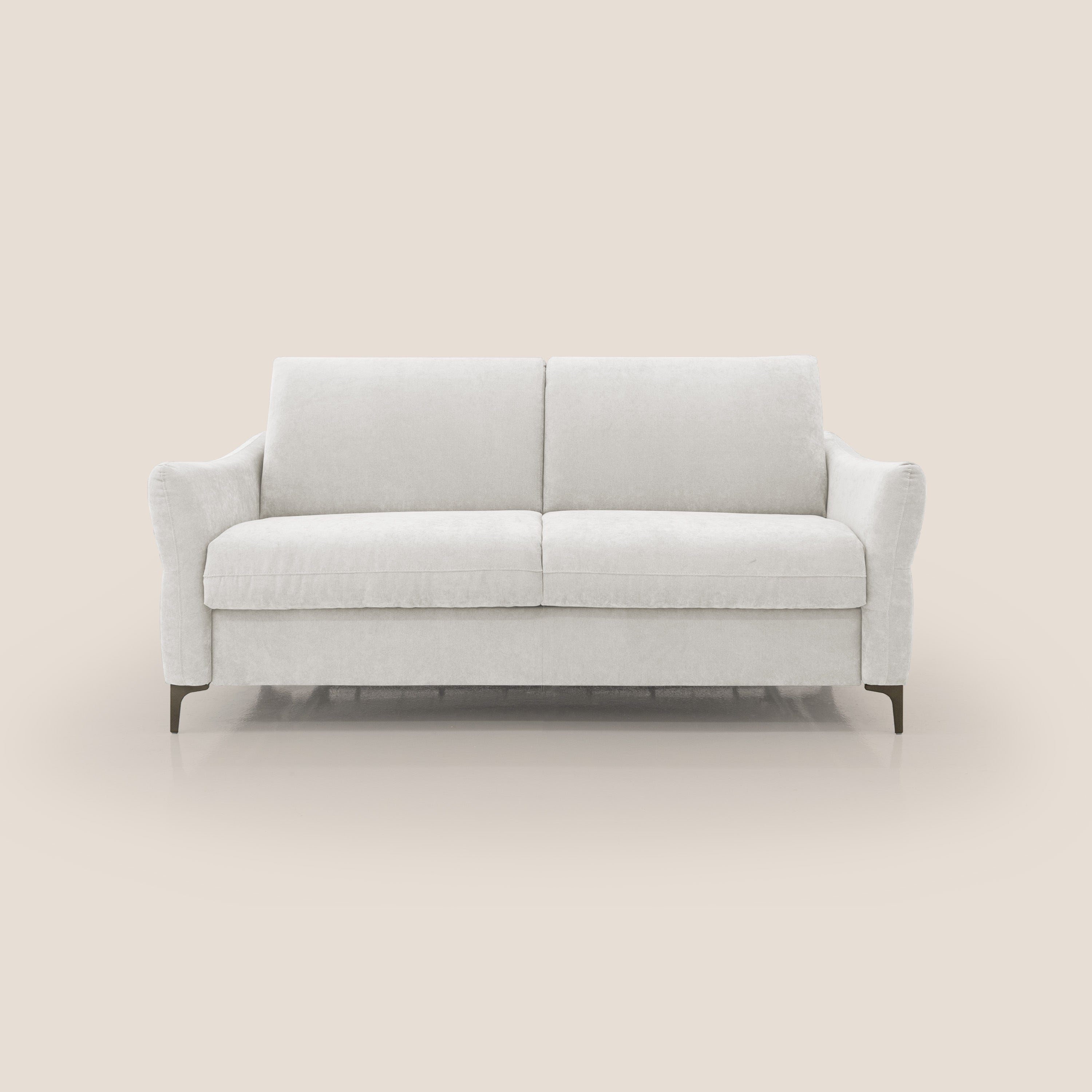 Dalia divano letto con materasso H18 cm e piedi alti in raffinato tessuto smacchiabile T17 bianco - divani.store