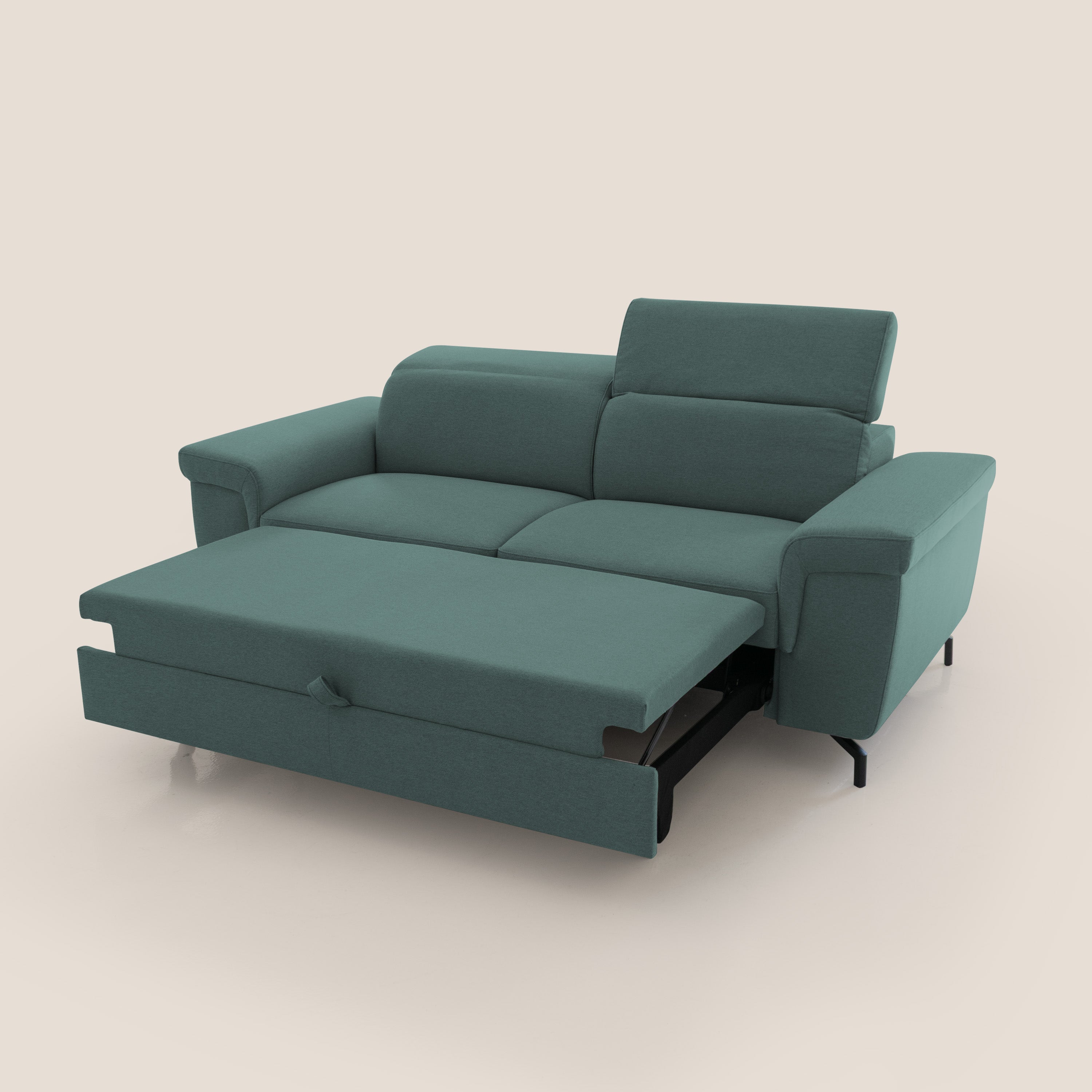 Aisha Divano con poggiapiedi estraibile piedini alti e poggiatesta reclinabili in tessuto Smacchiabile T05 verde - divani.store