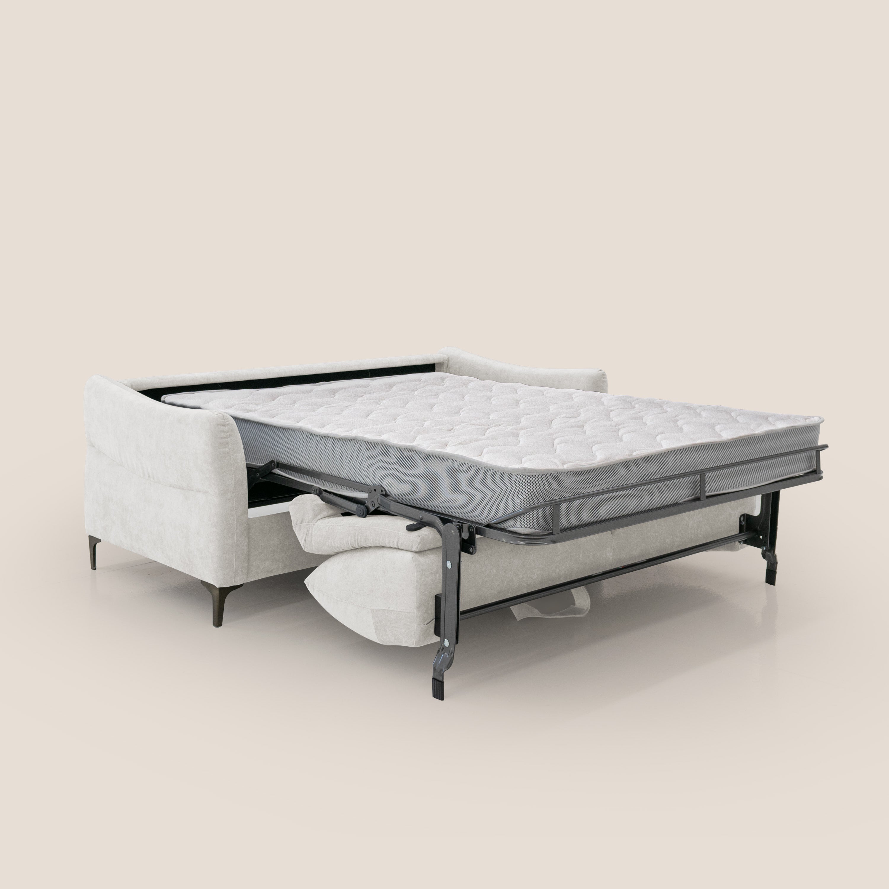 Dalia divano letto con materasso H18 cm e piedi alti in raffinato tessuto smacchiabile T17 bianco - divani.store