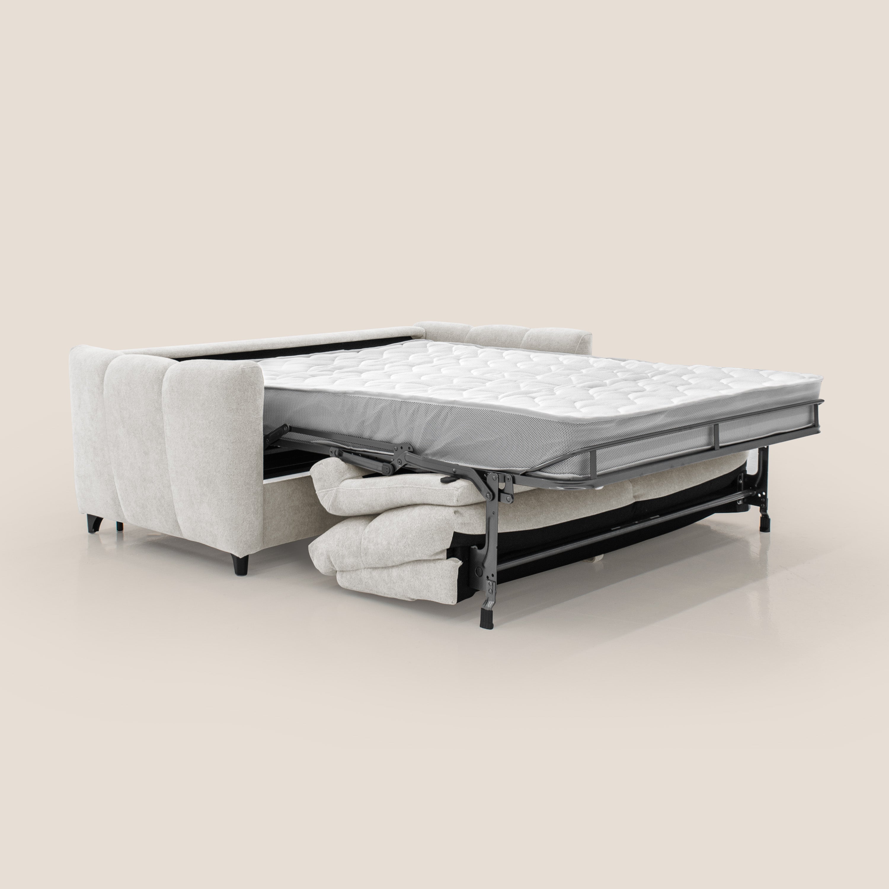 Peonia divano letto scandinavo con materasso H18 cm e morbido e alto schienale in tessuto Bouclé impermeabile T07 bianco - divani.store