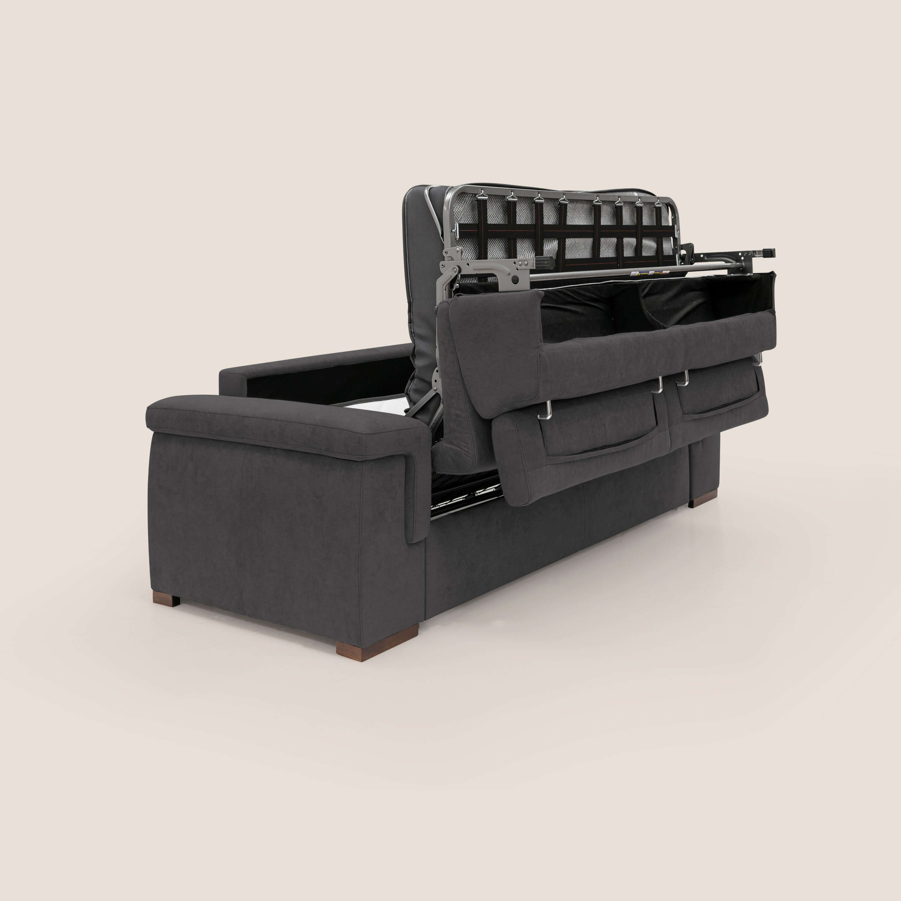 Giunone divano letto con materasso alto 18 cm e poggiatesta reclinabili in tessuto impermeabile T02 nero - divani.store