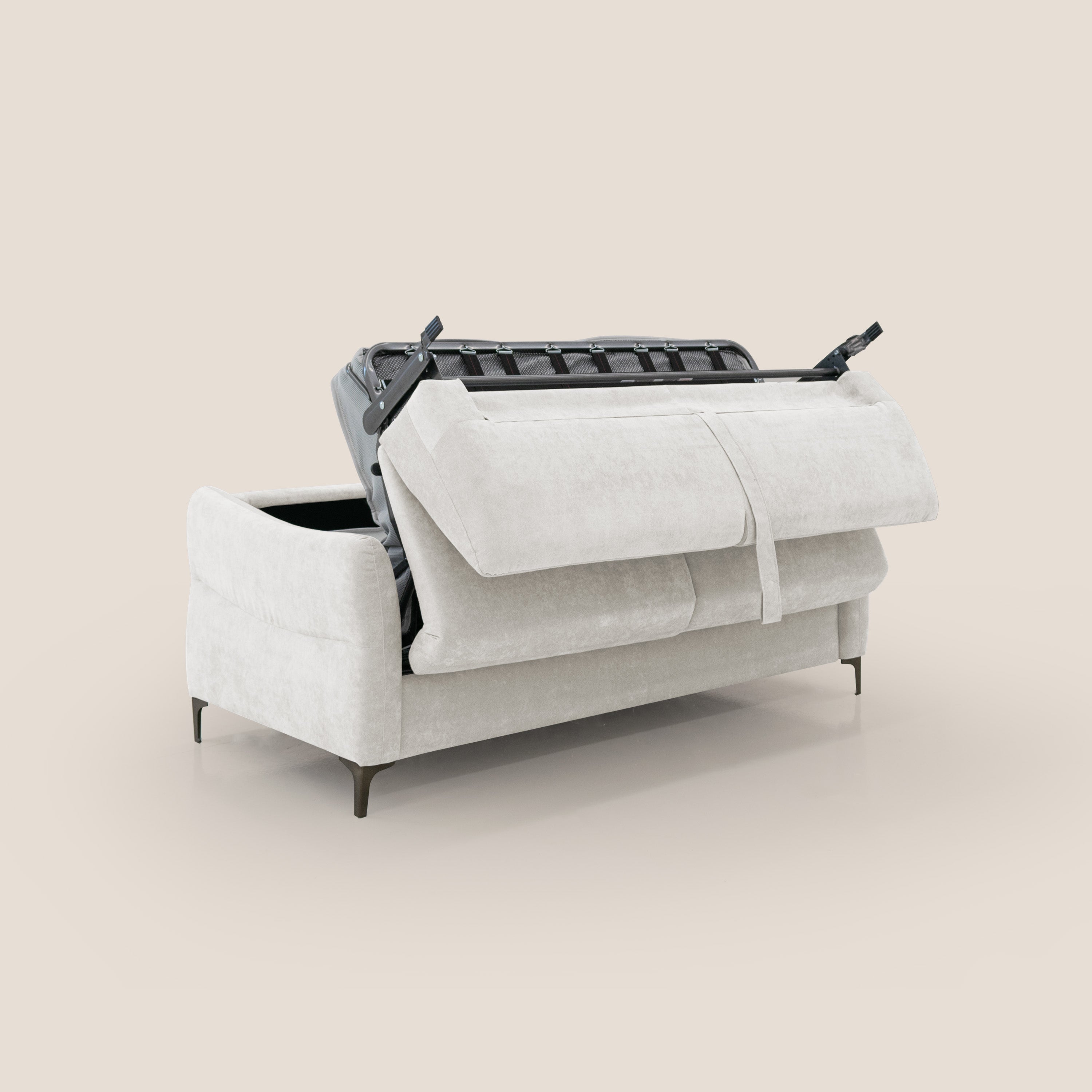 Dalia divano letto con materasso H18 cm e piedi alti in raffinato tessuto smacchiabile T17 bianco - divani.store