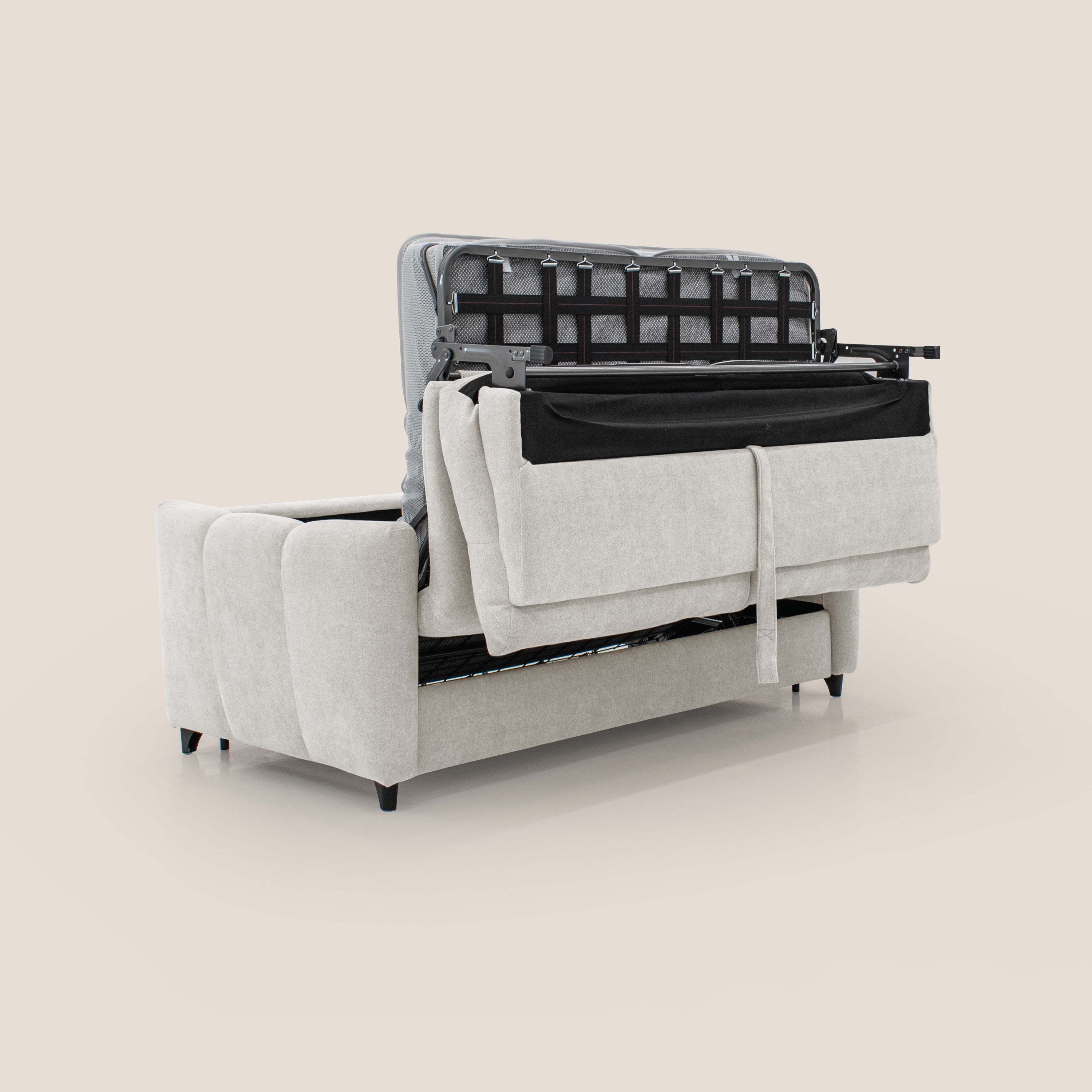 Peonia divano letto scandinavo con materasso H18 cm e morbido e alto schienale in tessuto Bouclé impermeabile T07 bianco - divani.store