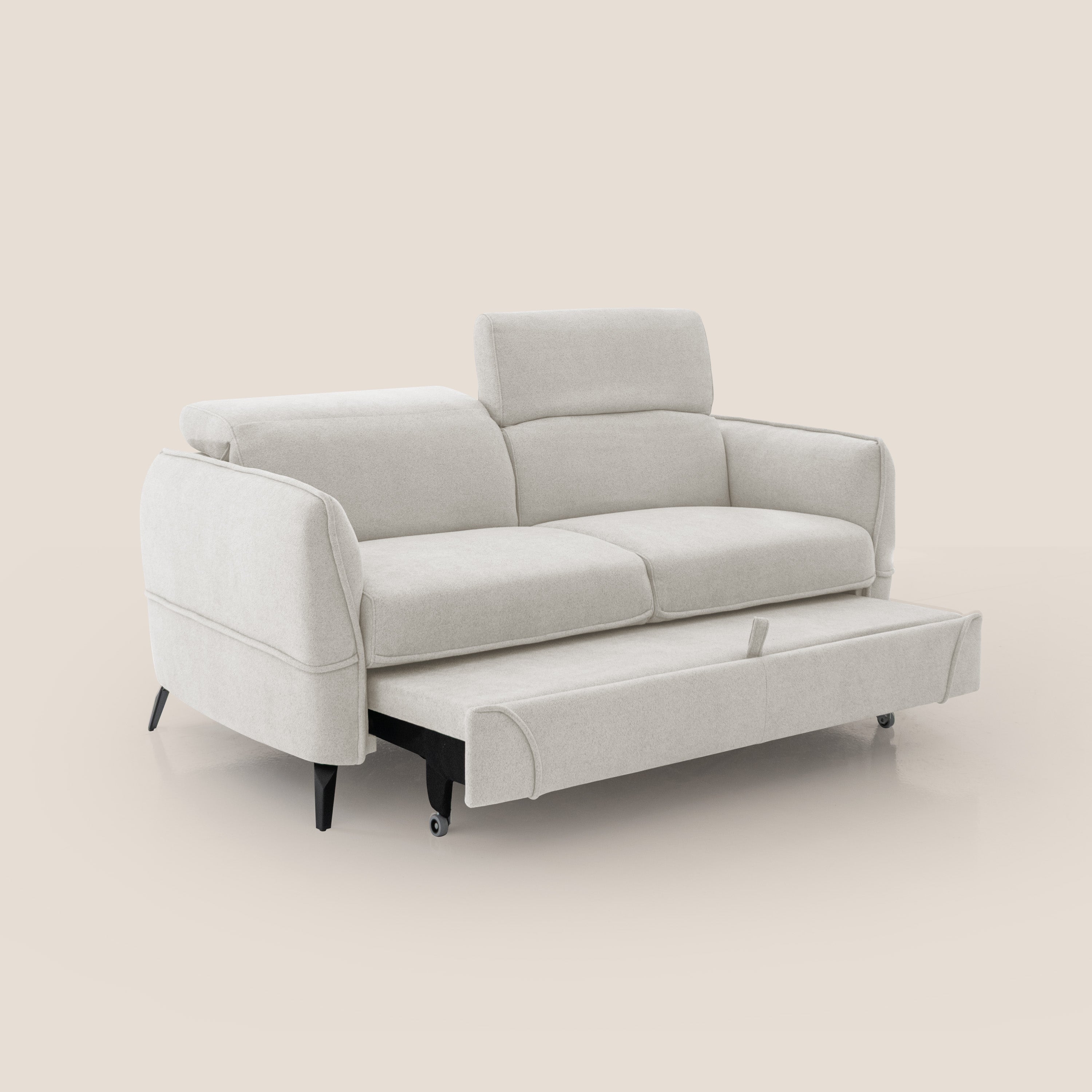 Bloom Divano con poggiapiedi estraibile piedini alti e poggiatesta reclinabili in tessuto bouclé impermeabile T07 bianco - divani.store