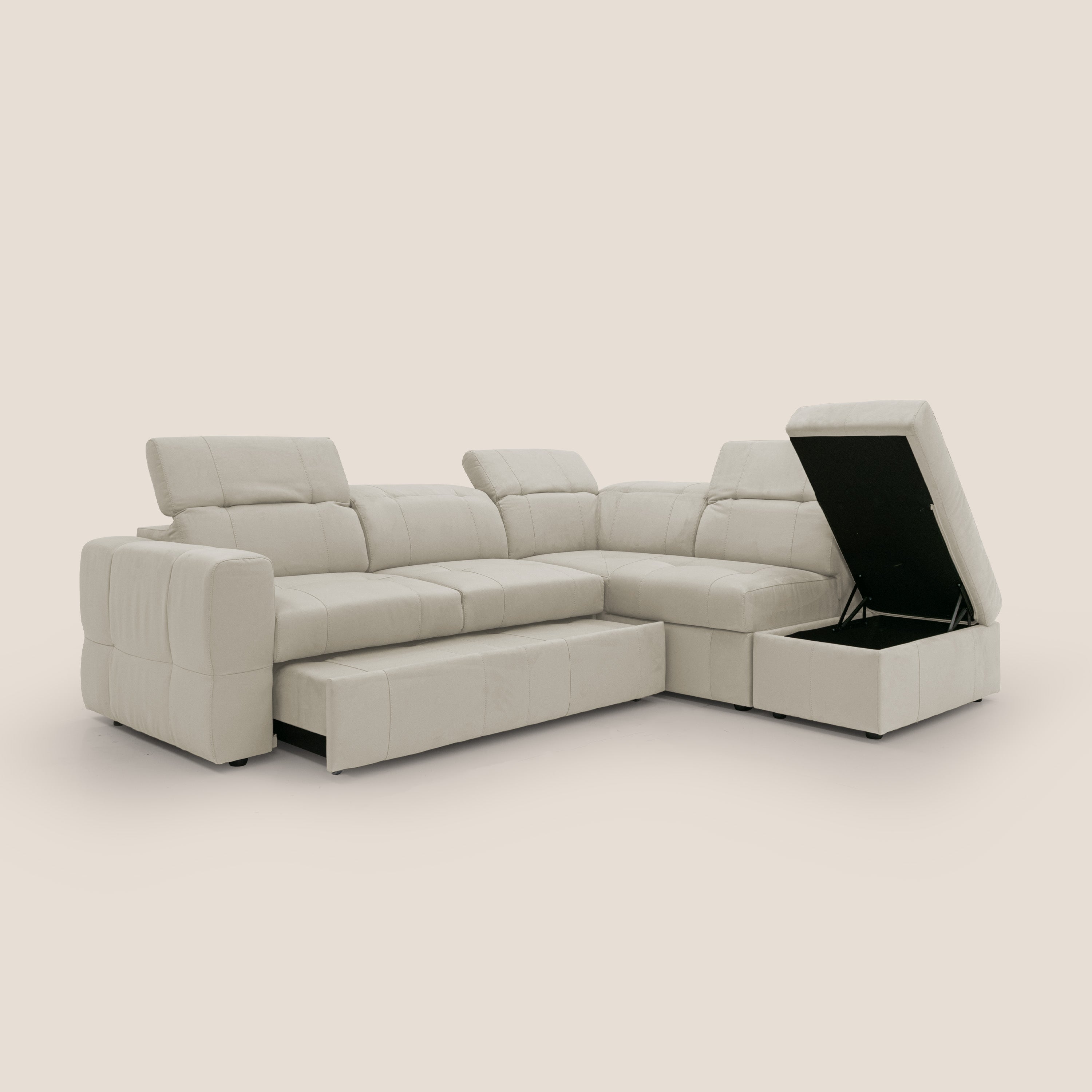 Kronos Divano angolare con poggiapiedi estraibile e pouf contenitore mobile in microfibra impermeabile T11 panna - divani.store