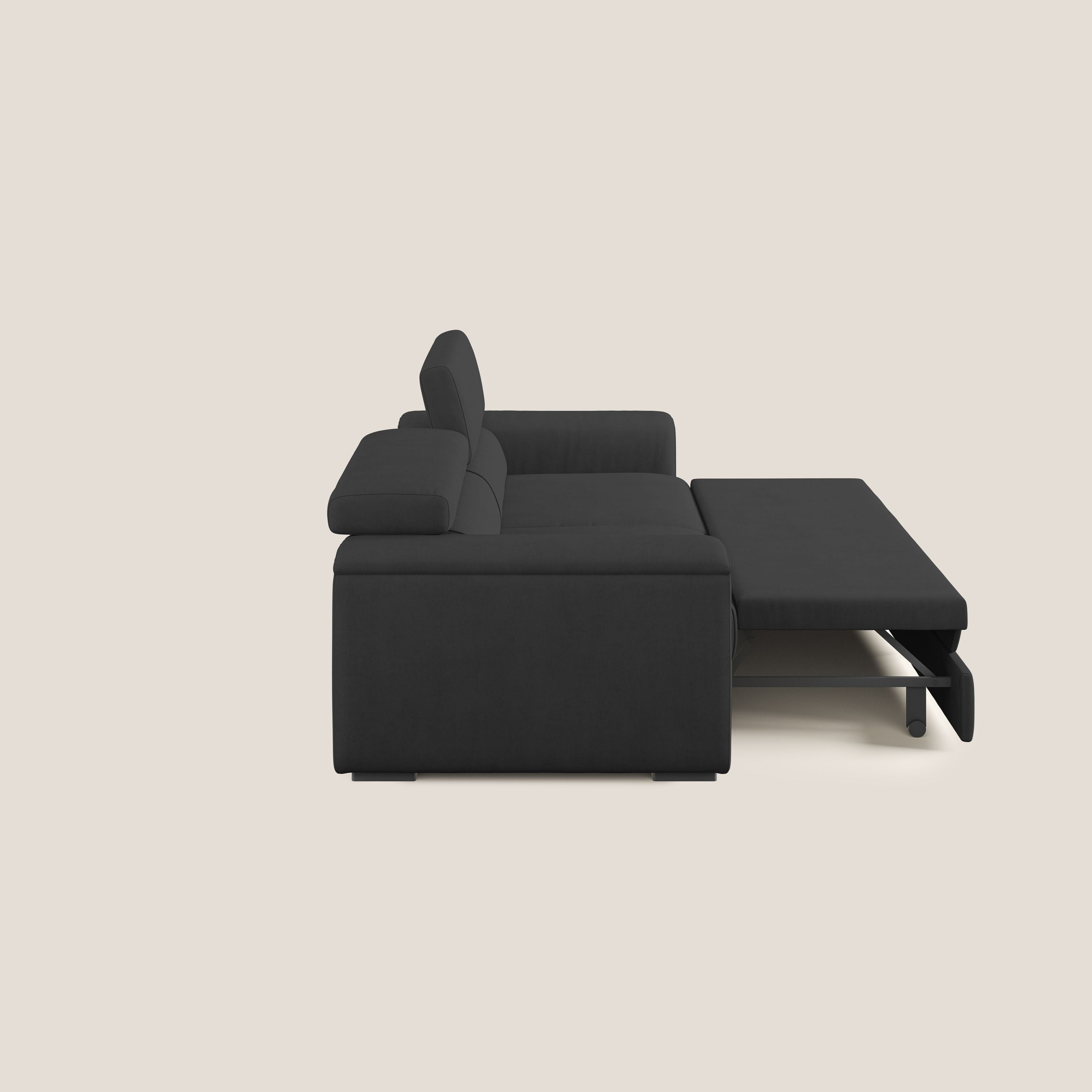 Zeno Divano con pouf estraibile poggiapiedi in tessuto morbido impermeabile T02 nero - divani.store