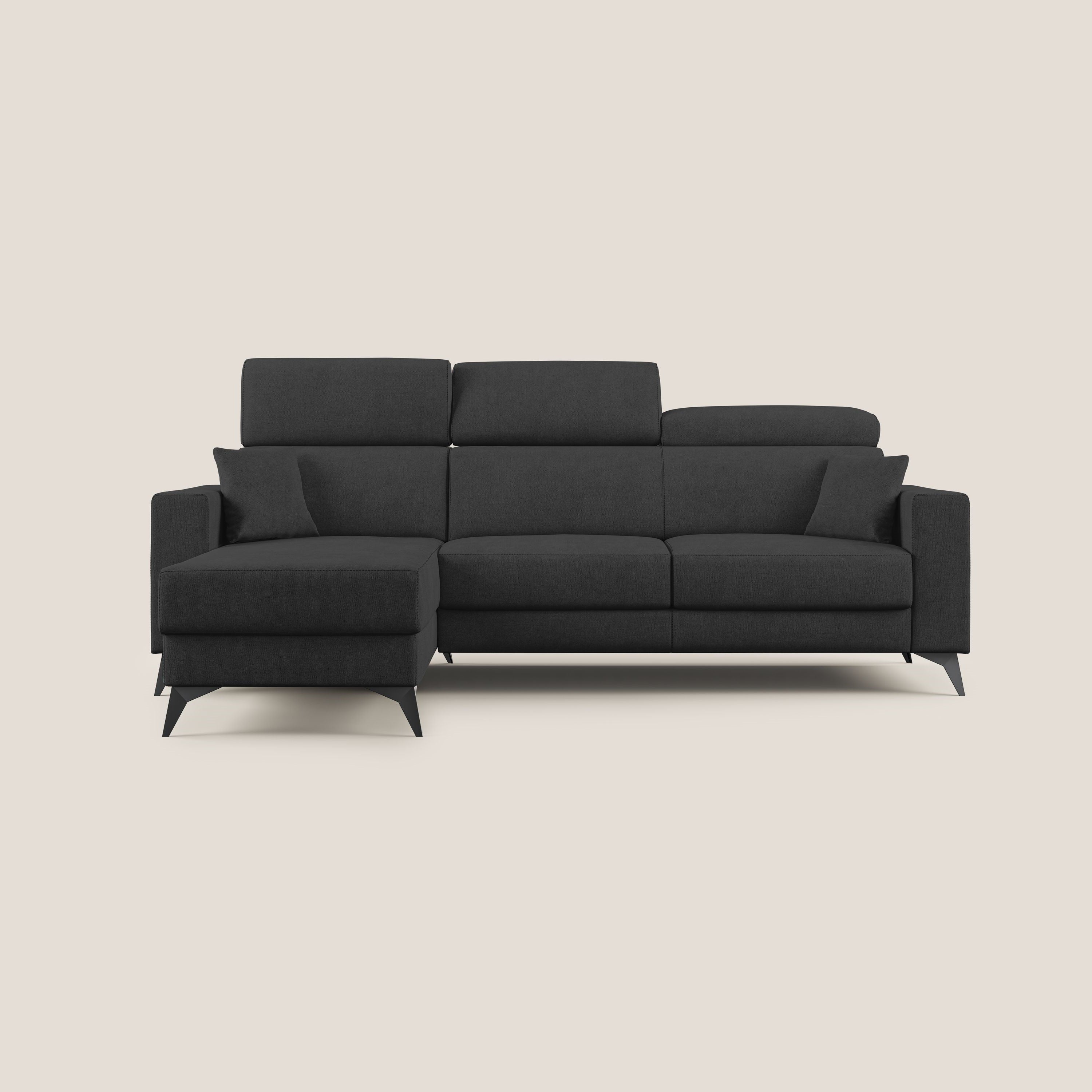 Pegaso divano letto angolare con poggiatesta reclinabili e rivestimento impermeabile T02 nero - divani.store