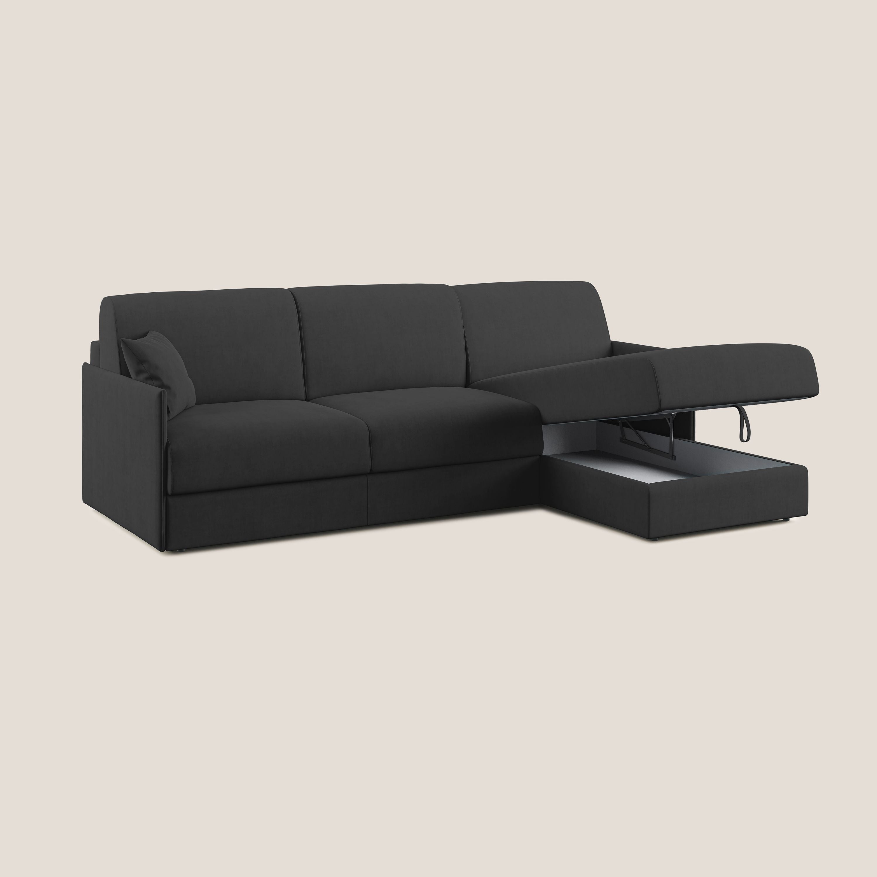 Evans Divano letto angolare con penisola in morbido tessuto impermeabile T02 nero - divani.store