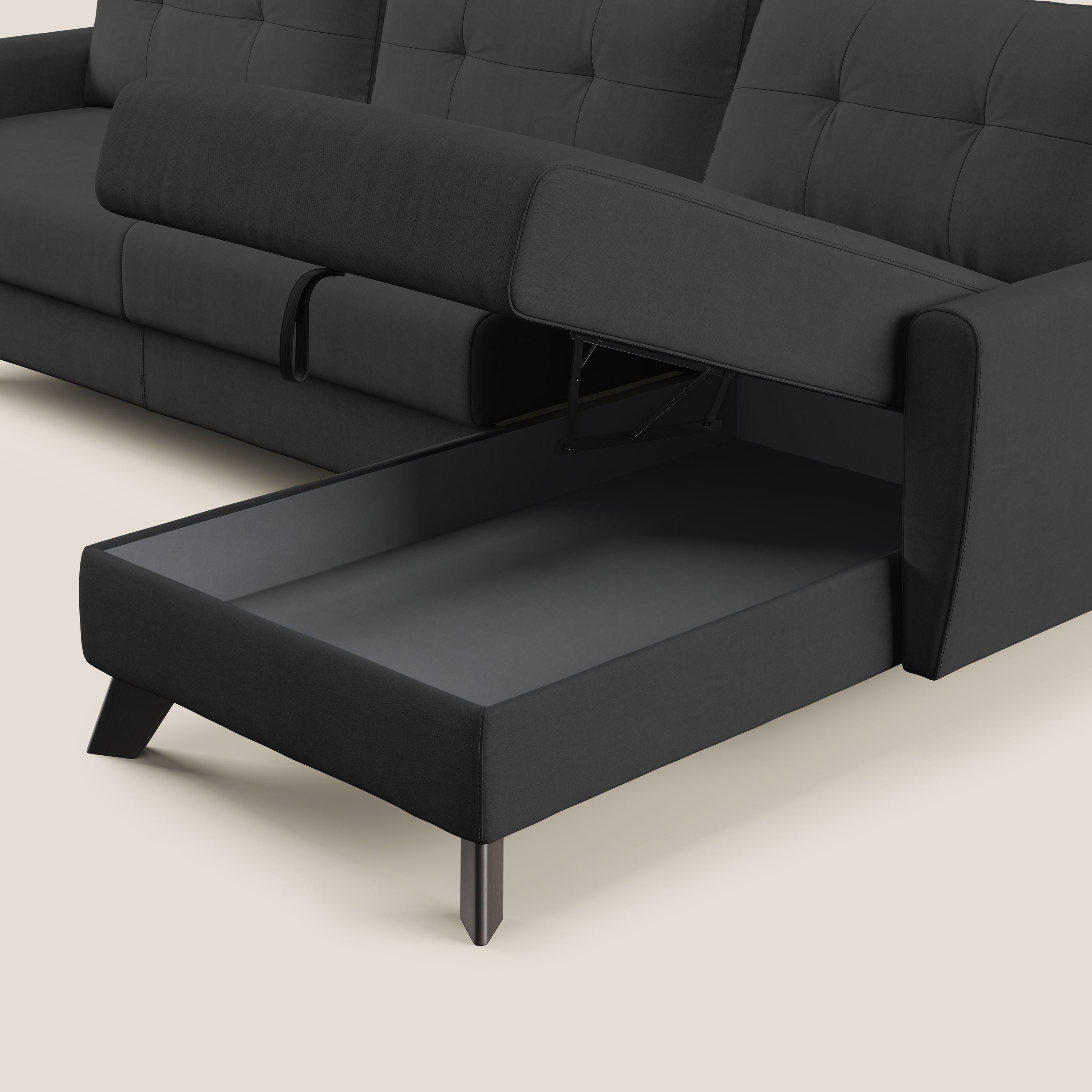 Callisto Divano letto angolare con penisola in tessuto morbido impermeabile T02 nero - divani.store