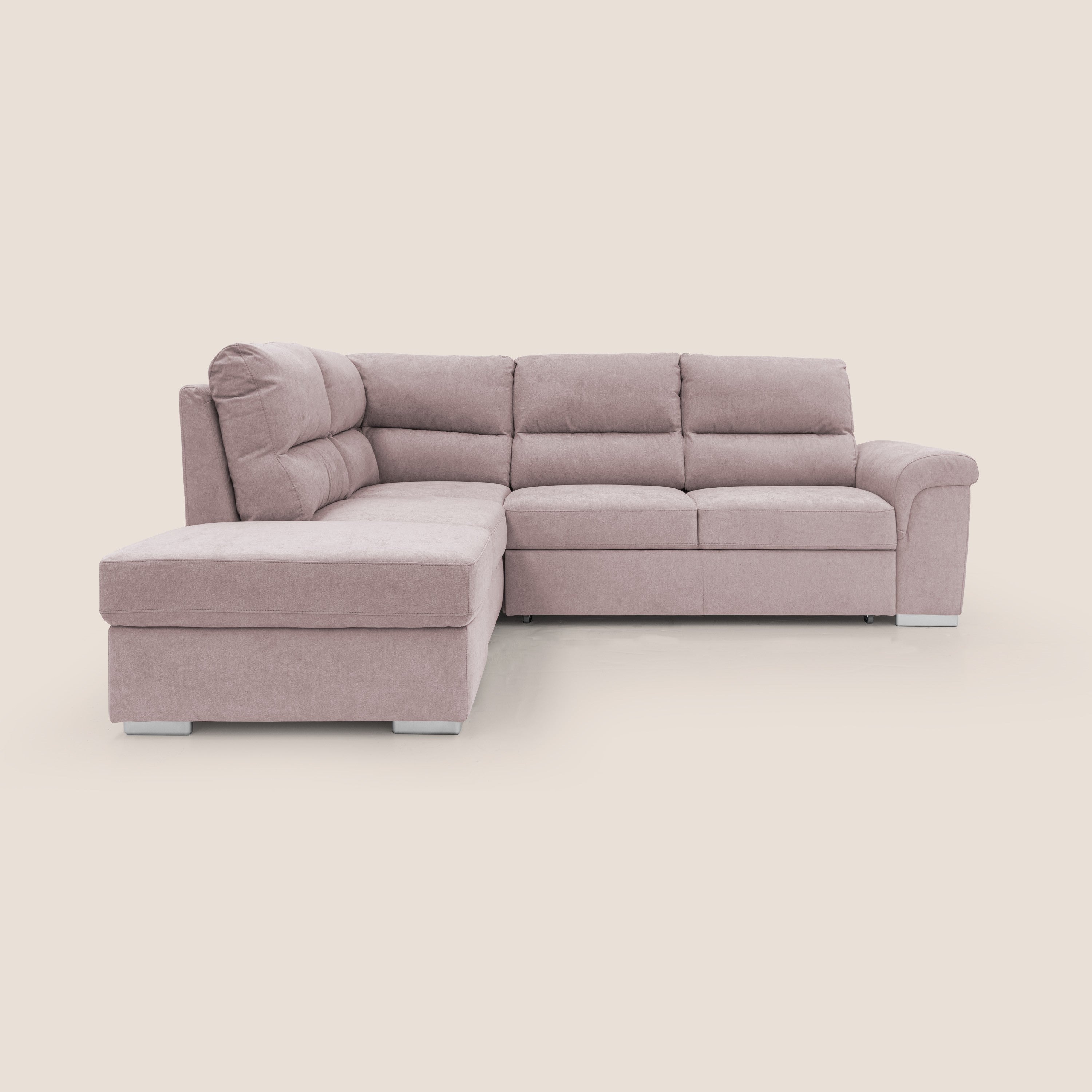 Minerva divano angolare con estraibile a cassettone e pouf contenitore in tessuto morbido impermeabile T02 rosa - divani.store