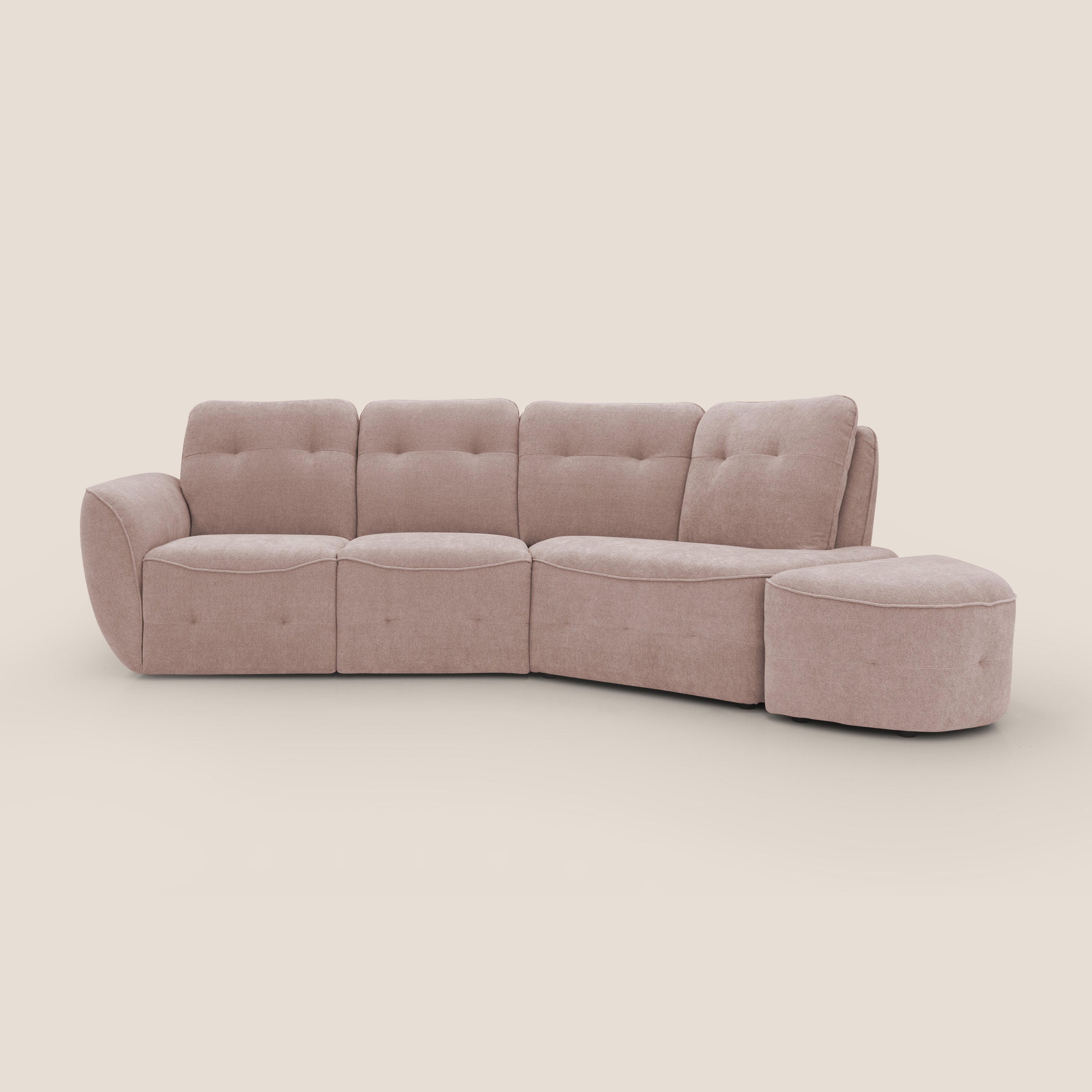 Cerbero divano angolare con pouf mobile in morbido bouclé impermeabile T07 rosa - divani.store