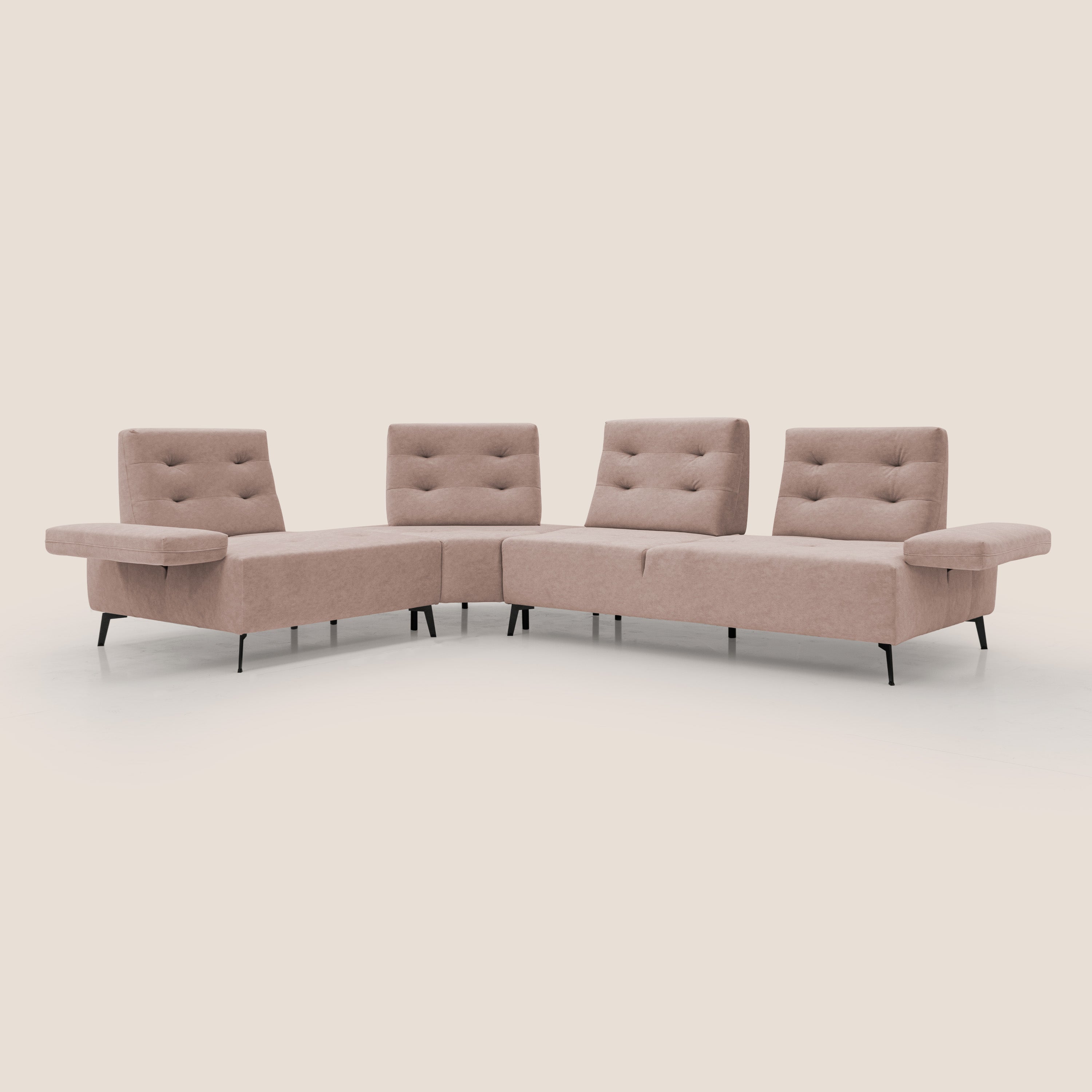 Lugano Divano angolare con schienali traslanti in microfibra effetto velluto T09 rosa - divani.store