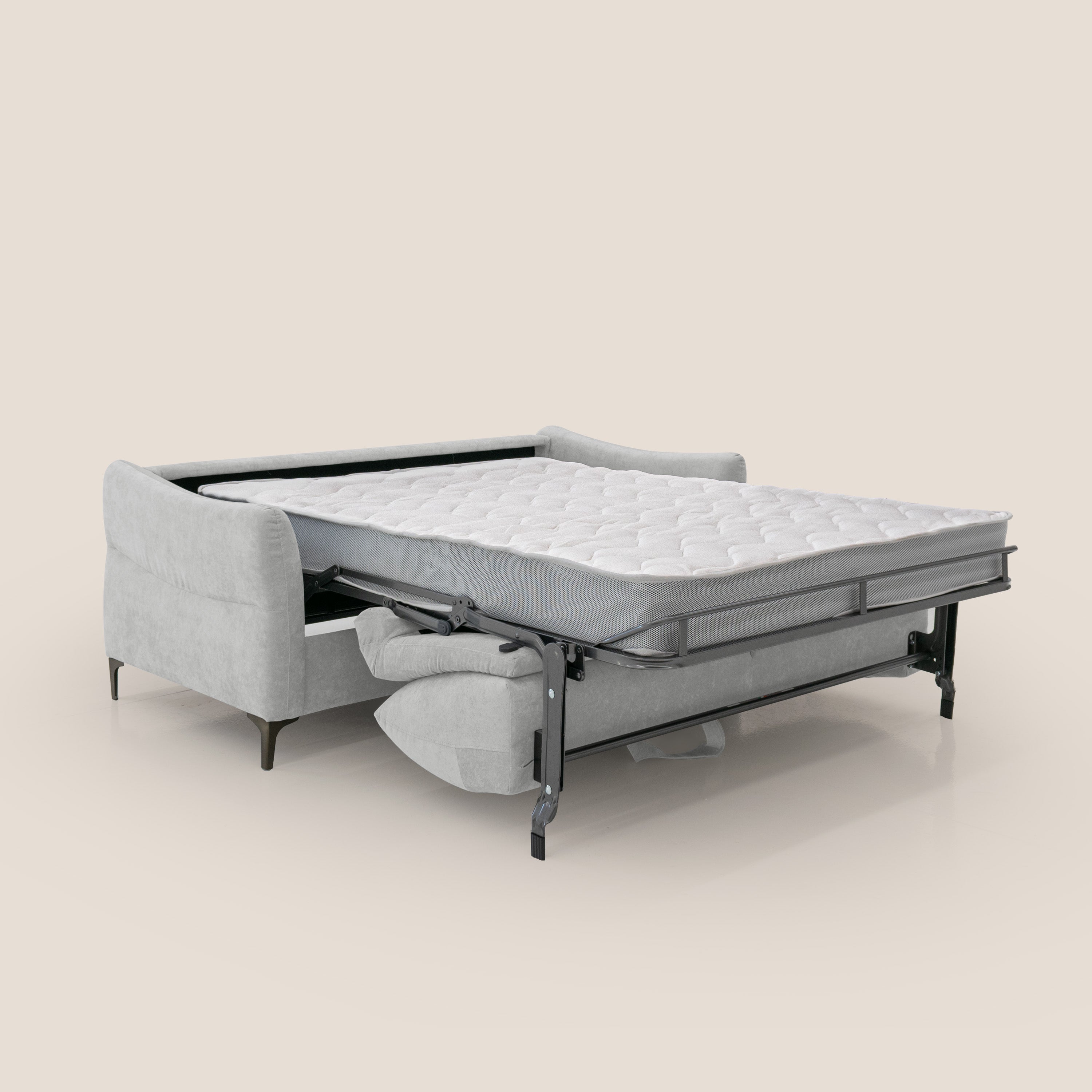 Dalia divano letto con materasso H18 cm e piedi alti in raffinato tessuto smacchiabile T17 grigio - divani.store