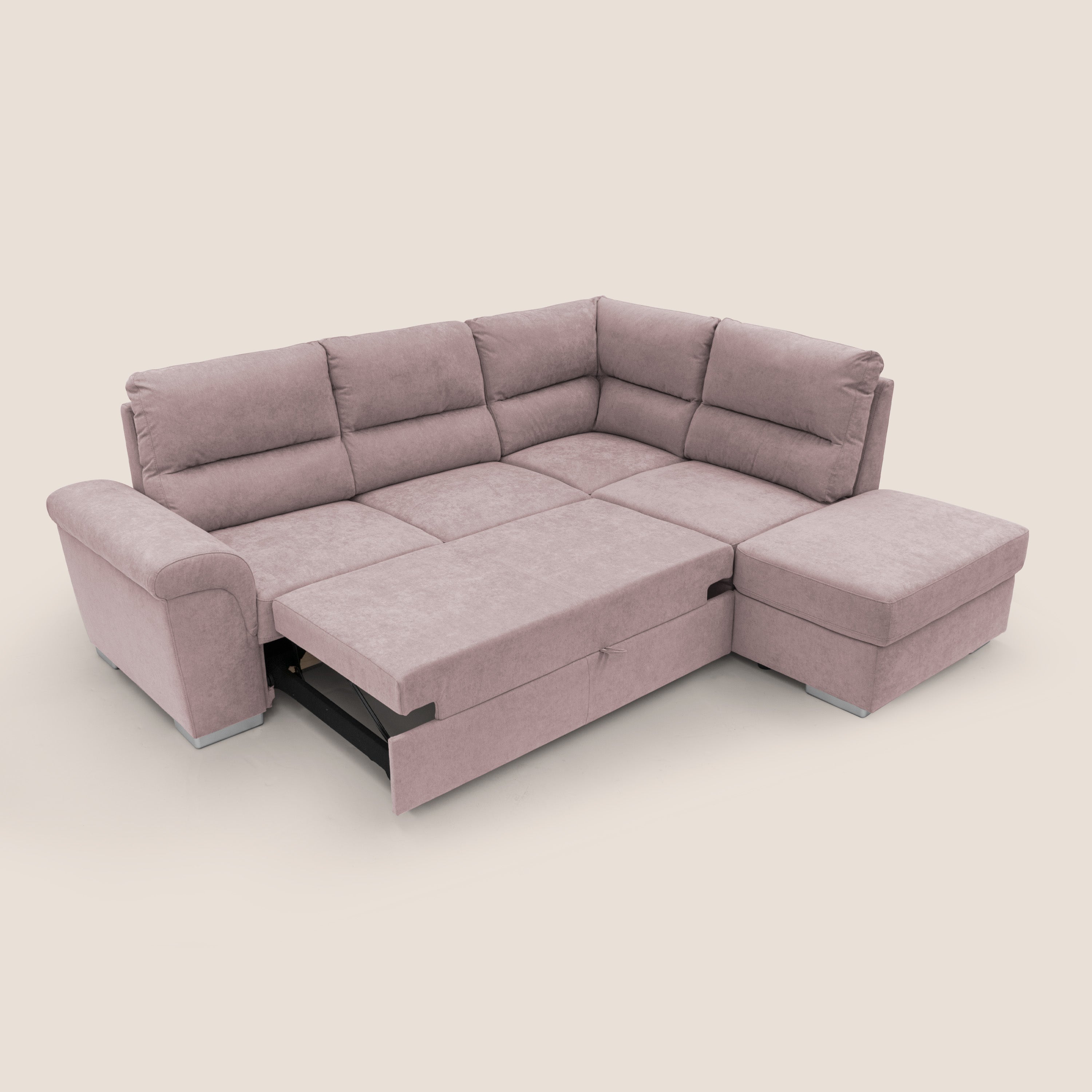 Minerva divano angolare con estraibile a cassettone e pouf contenitore in tessuto morbido impermeabile T02 rosa - divani.store