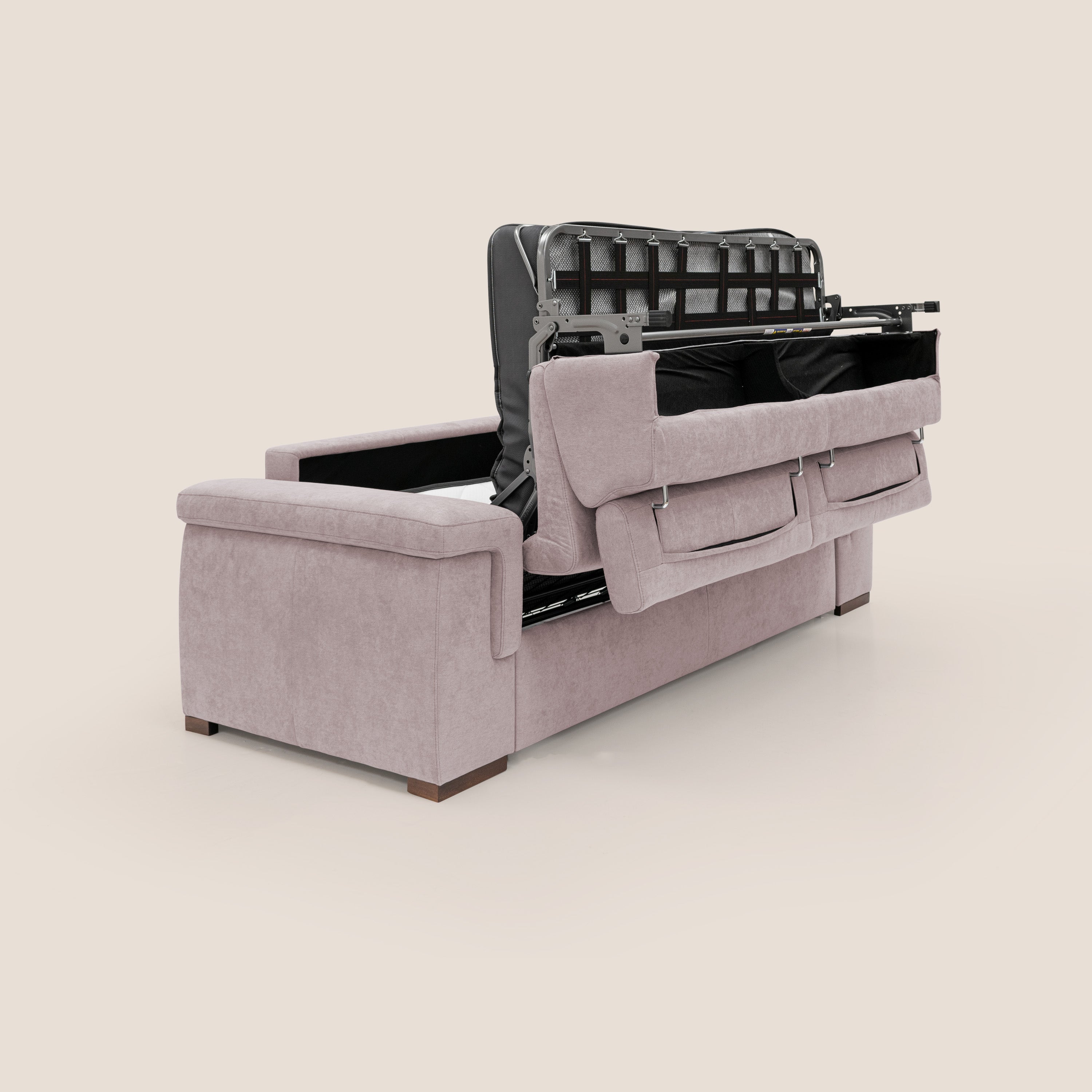 Giunone divano letto con materasso alto 18 cm e poggiatesta reclinabili in tessuto impermeabile T02 rosa - divani.store