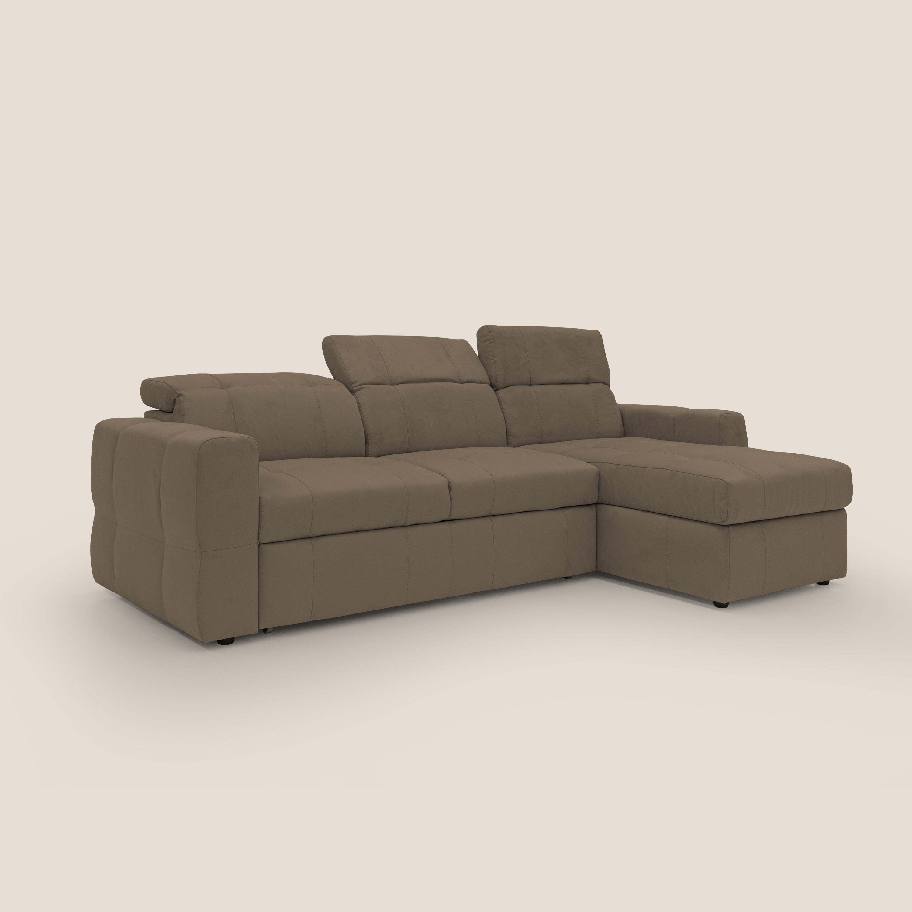 Kronos Divano angolare con pouf estraibile e penisola contenitore in microfibra impermeabile T11 marrone - divani.store