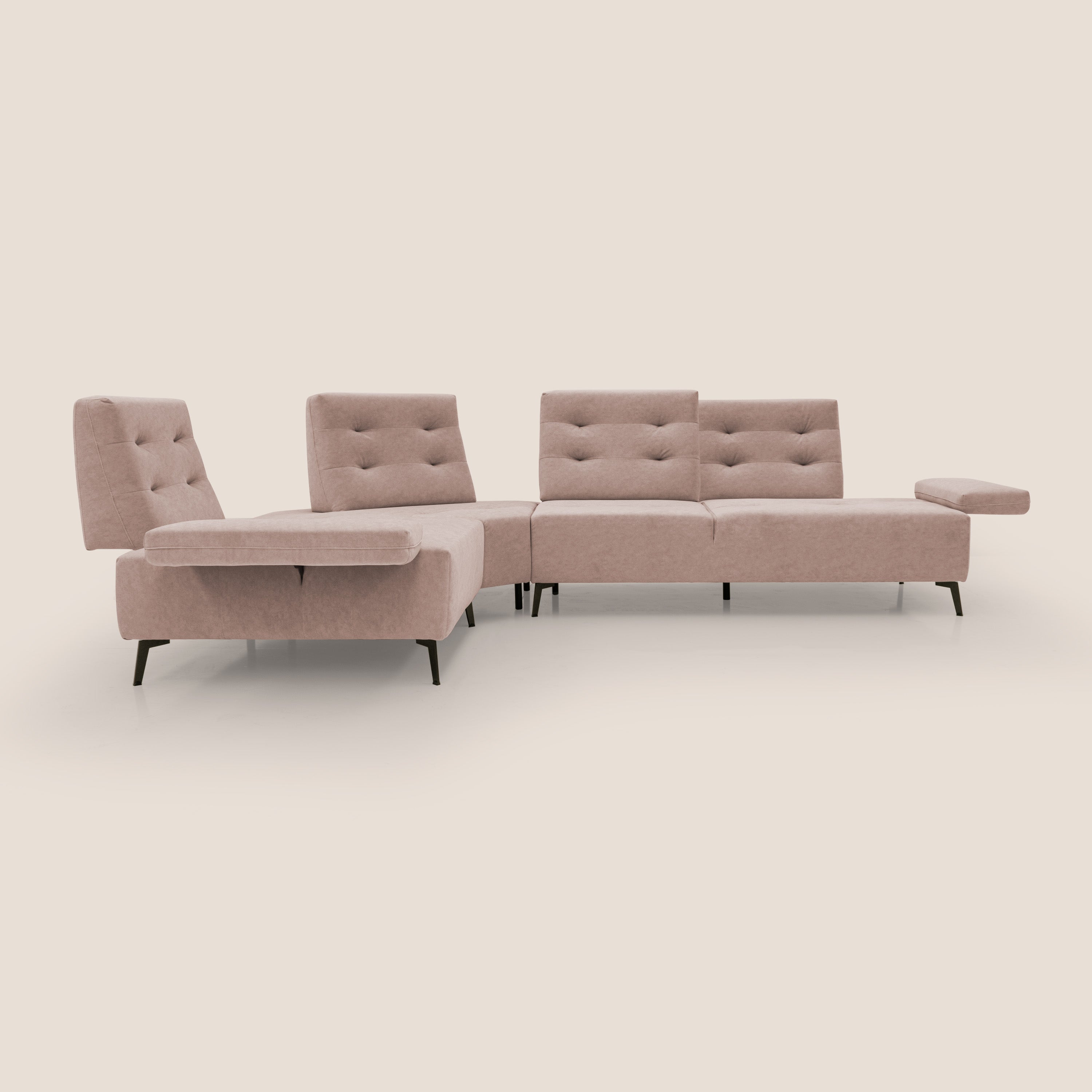 Lugano Divano angolare con schienali traslanti in microfibra effetto velluto T09 rosa - divani.store