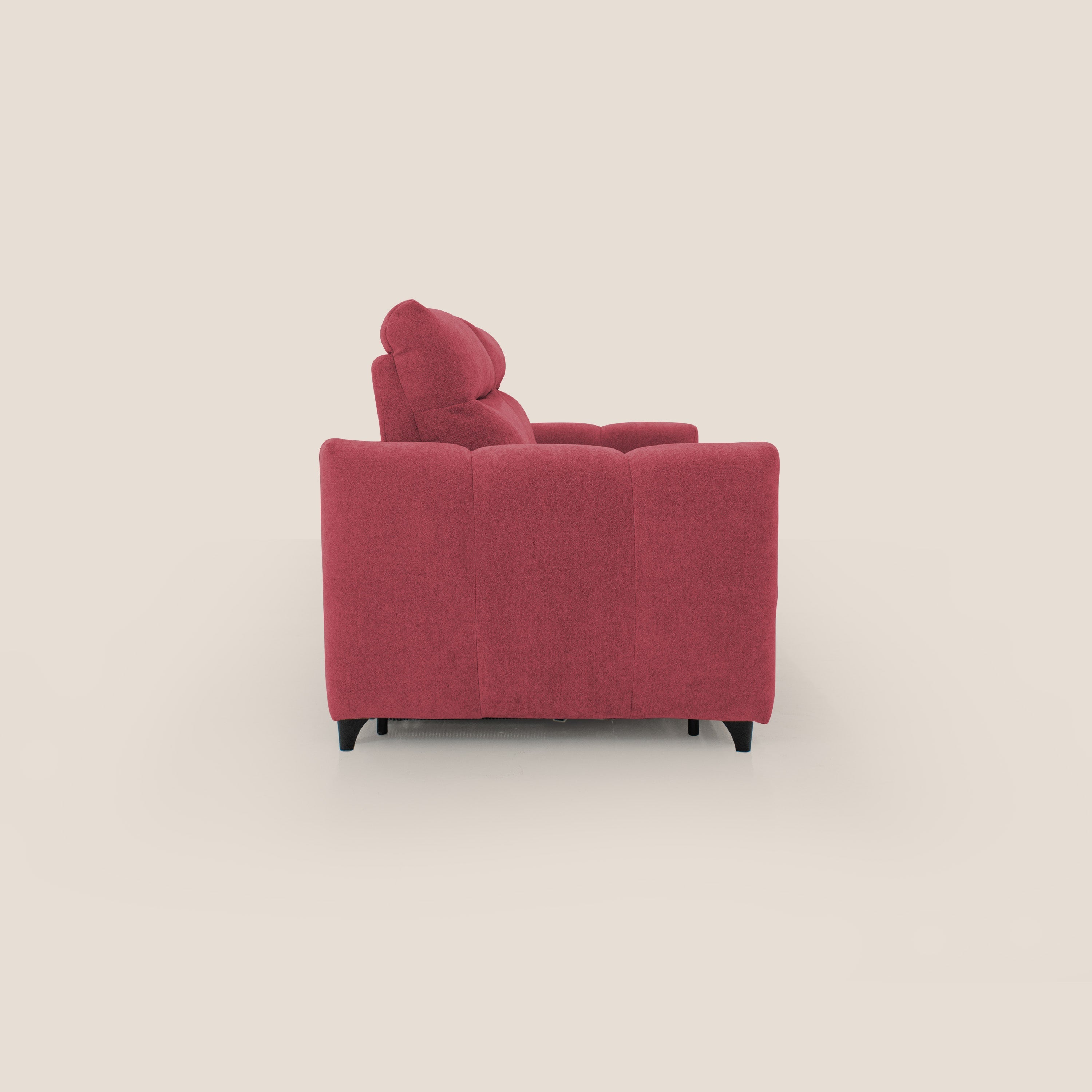Peonia divano letto scandinavo con materasso H18 cm e morbido e alto schienale in tessuto Bouclé impermeabile T07 rosso - divani.store