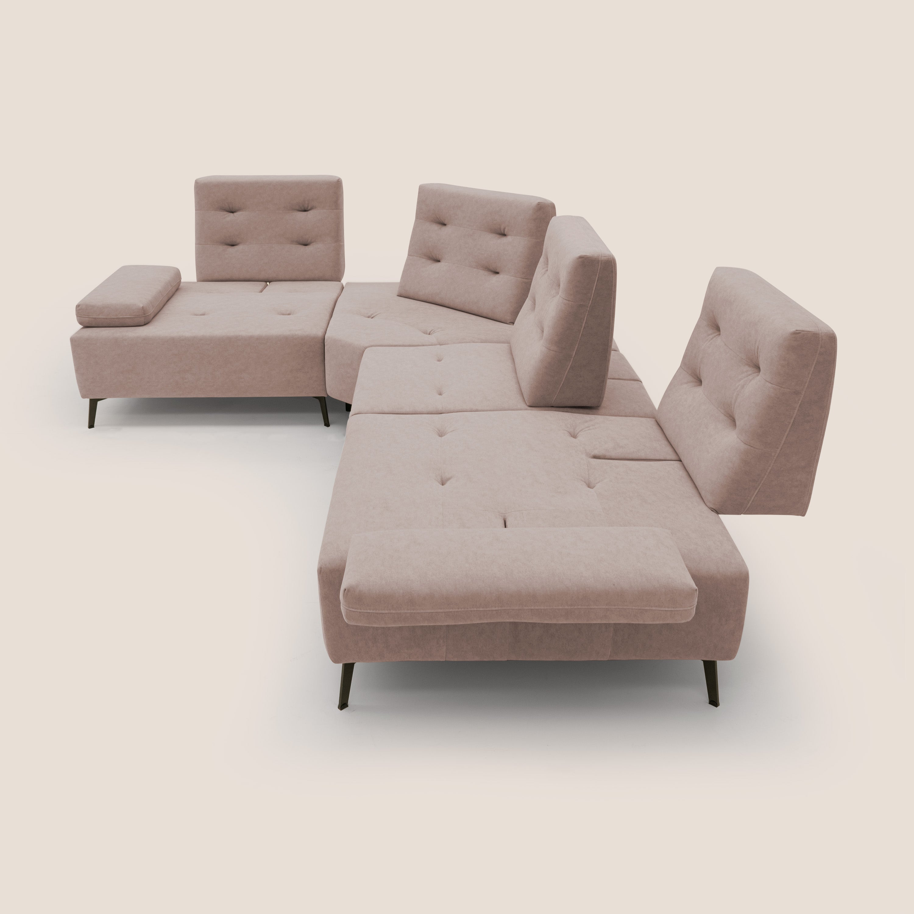 Lugano Divano angolare con schienali traslanti in microfibra effetto velluto T09 rosa - divani.store