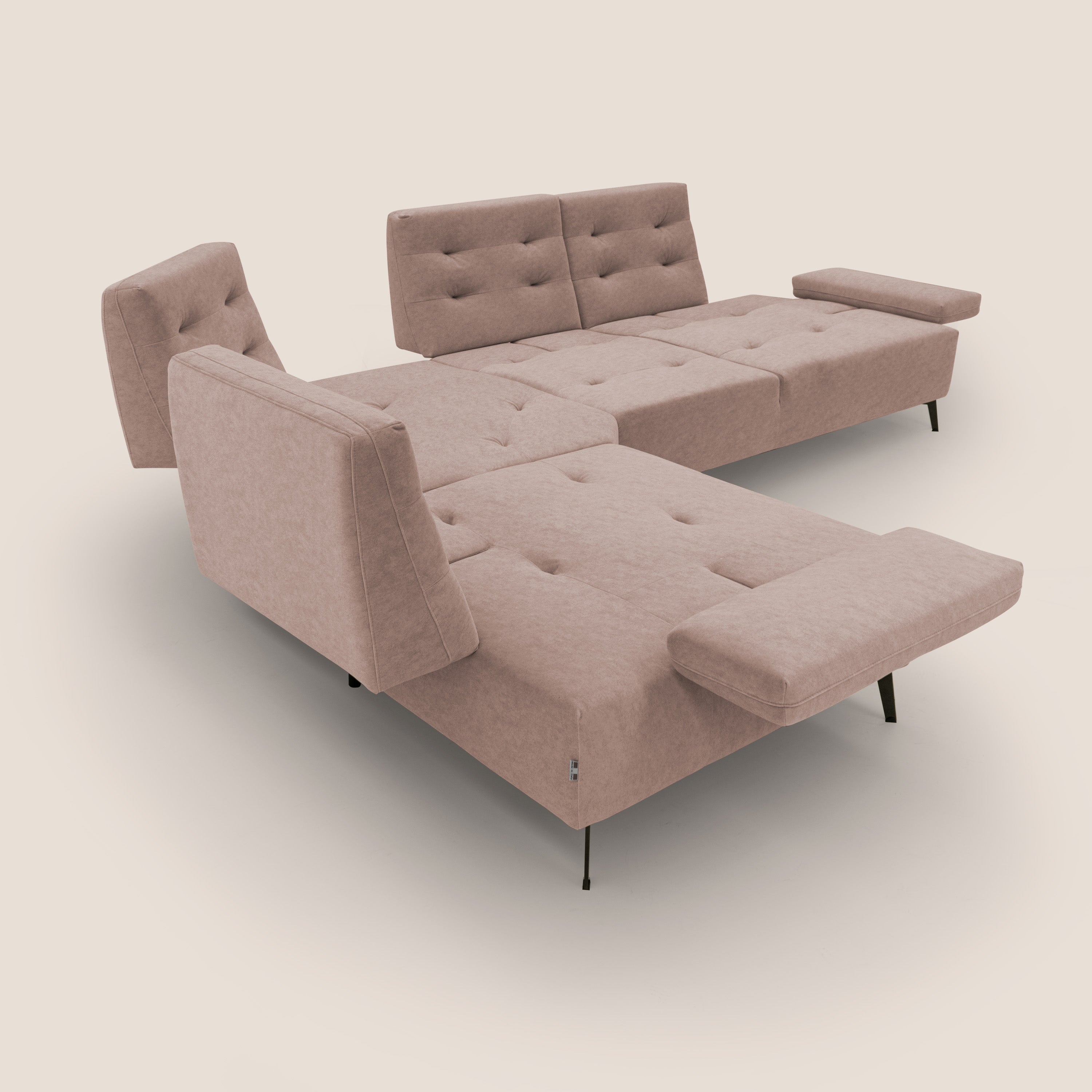 Lugano Divano angolare con schienali traslanti in microfibra effetto velluto T09 rosa - divani.store