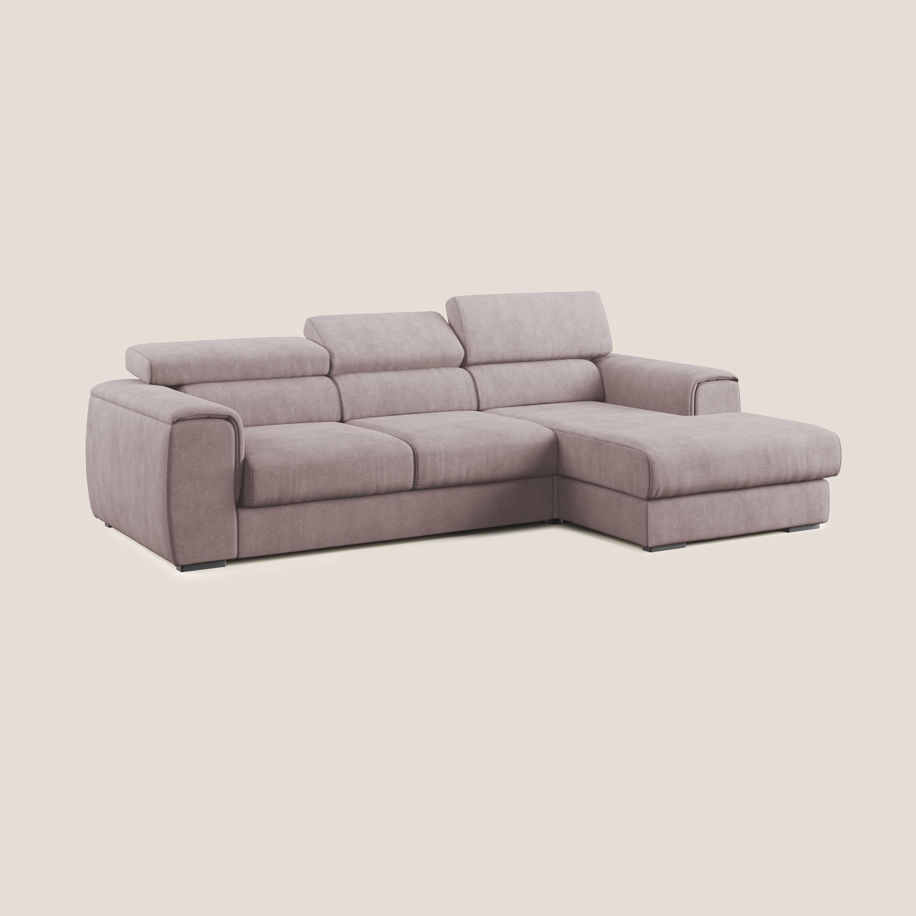 Zeno Divano angolare con pouf estraibile poggiapiedi in tessuto morbido impermeabile T02 rosa - divani.store