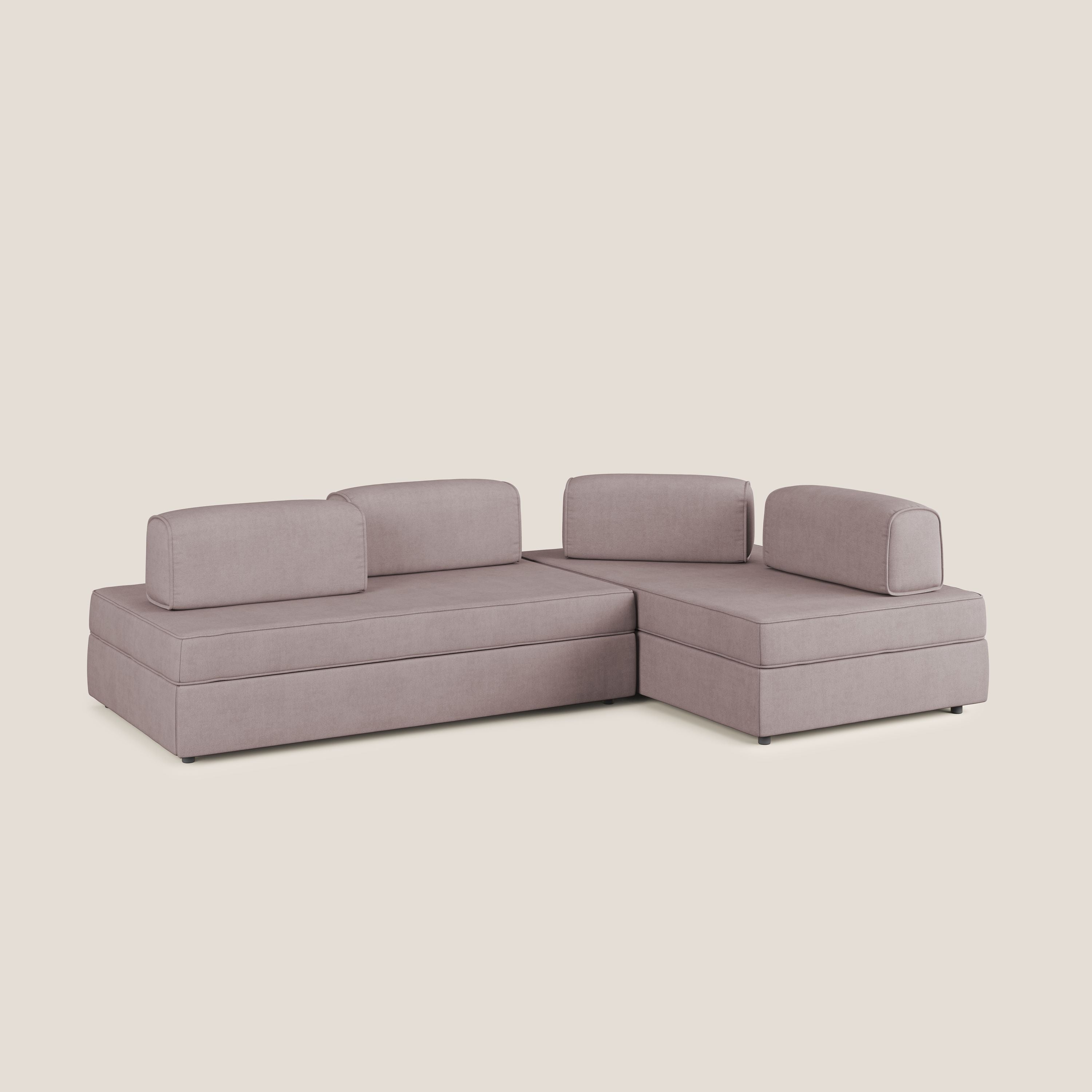 Liberty divano angolare con pouf estraibile e schienali movibili in tessuto morbido impermeabile T02 rosa - divani.store