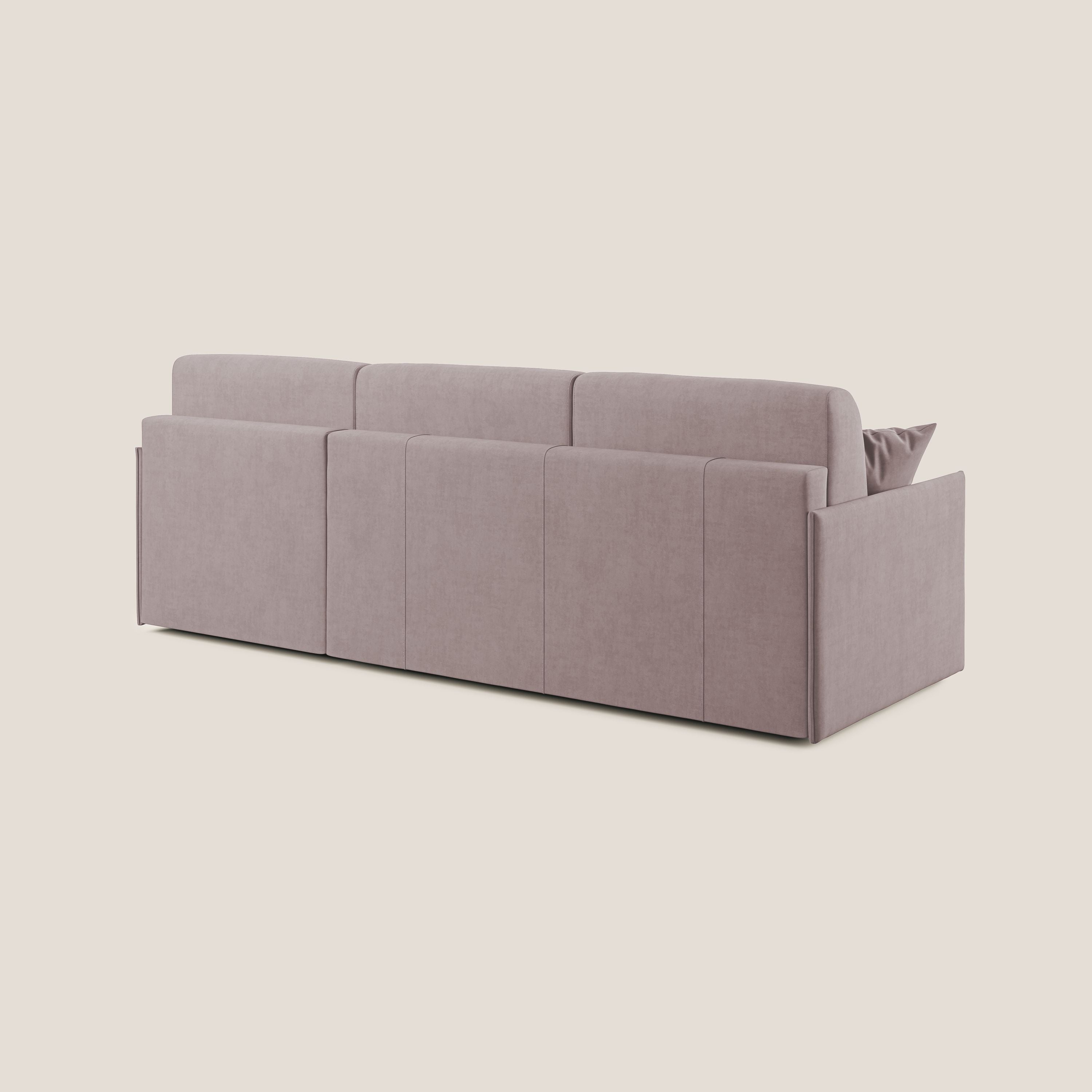 Evans Divano letto angolare con penisola in morbido tessuto impermeabile T02 rosa - divani.store