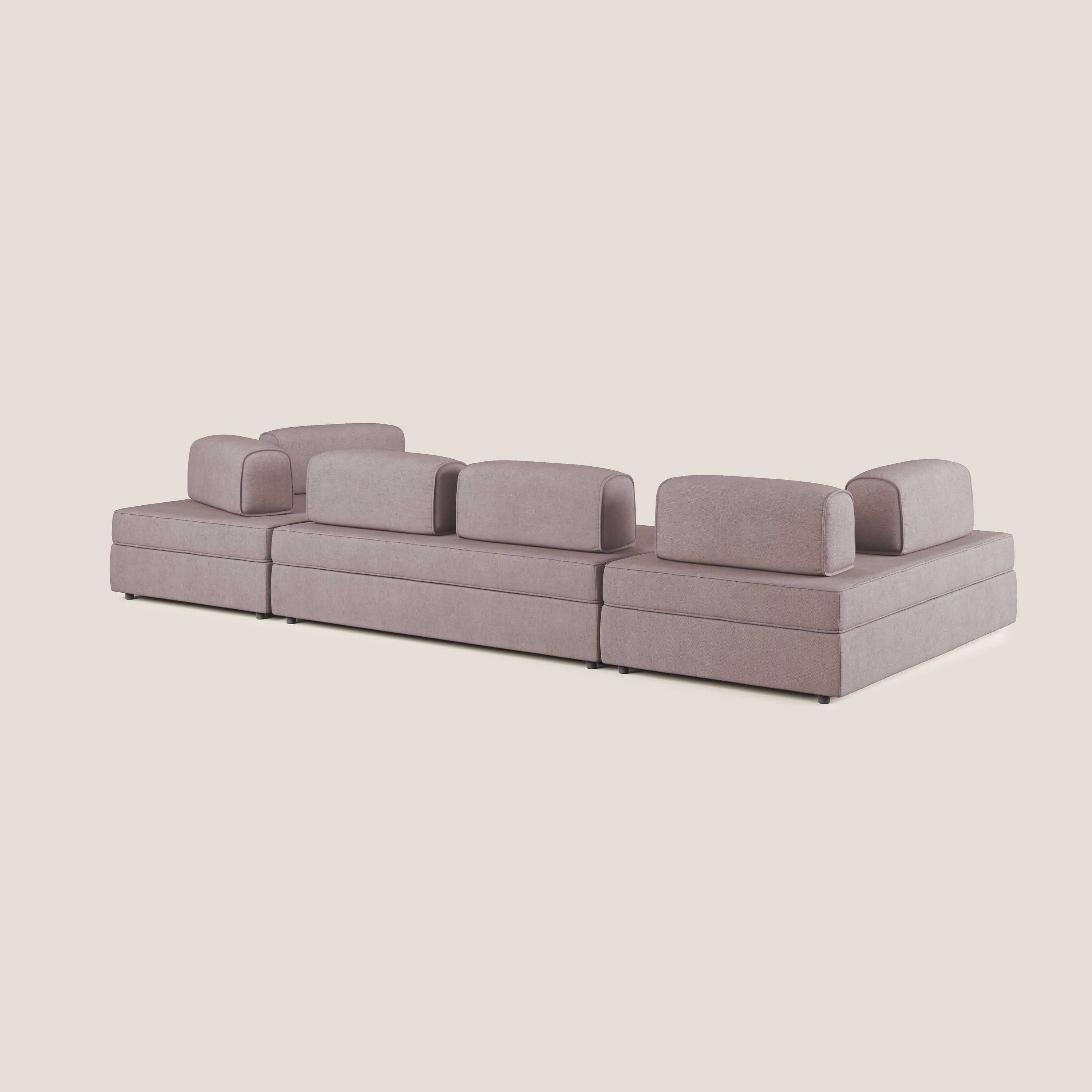 Liberty divano panoramico con pouf estraibile e schienali movibili in tessuto morbido impermeabile T02 rosa - divani.store