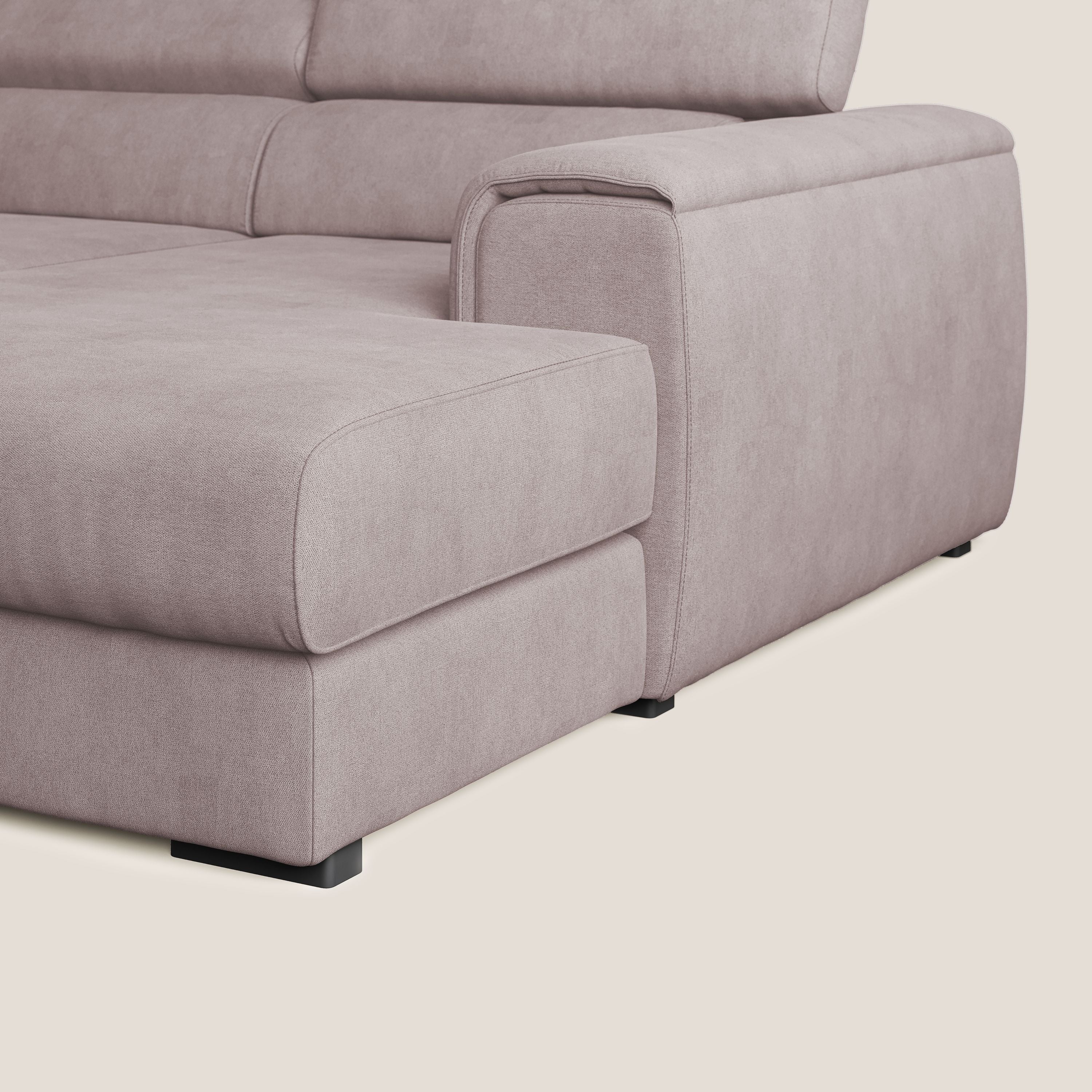 Zeno Divano angolare con pouf estraibile poggiapiedi in tessuto morbido impermeabile T02 rosa - divani.store