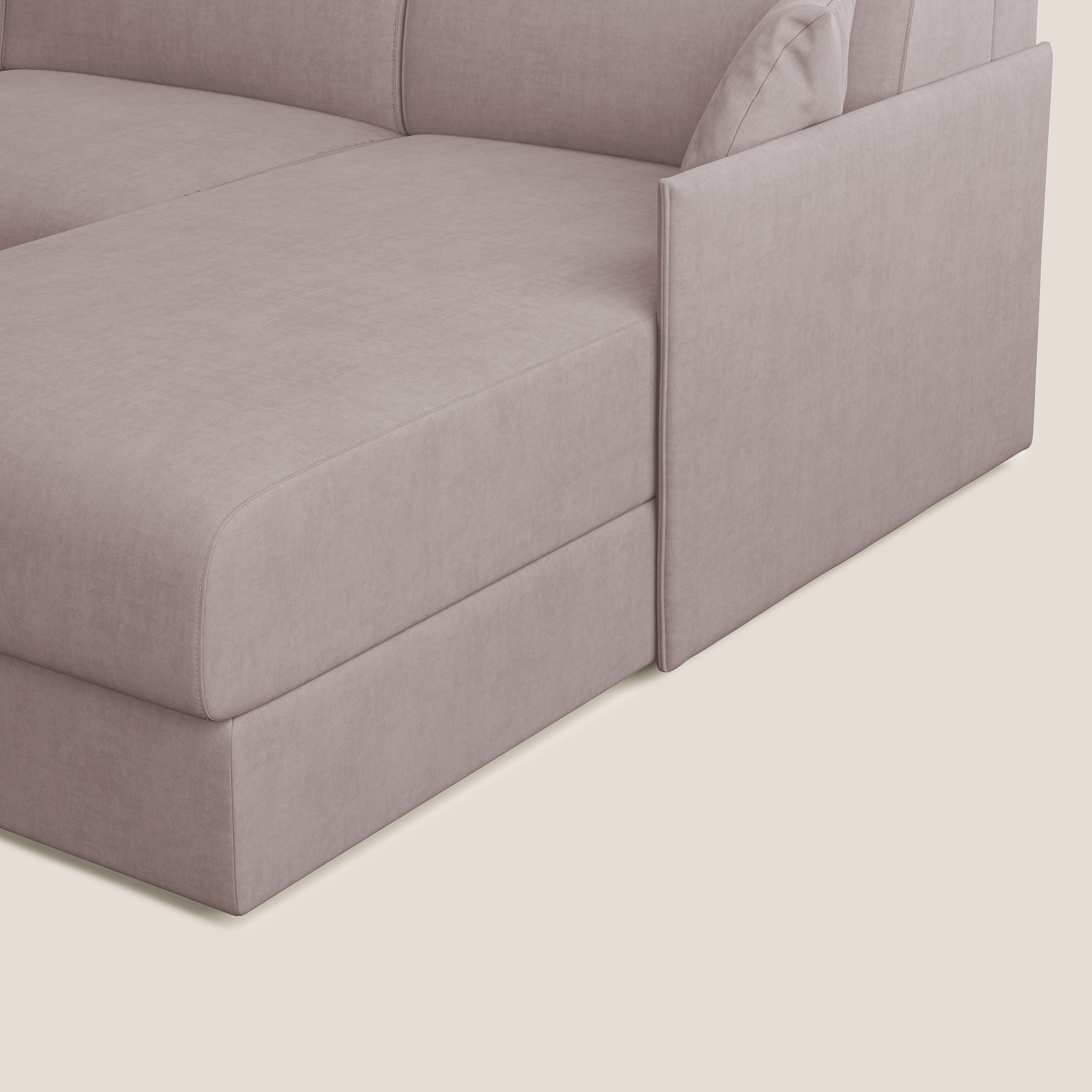 Evans Divano letto angolare con penisola in morbido tessuto impermeabile T02 rosa - divani.store